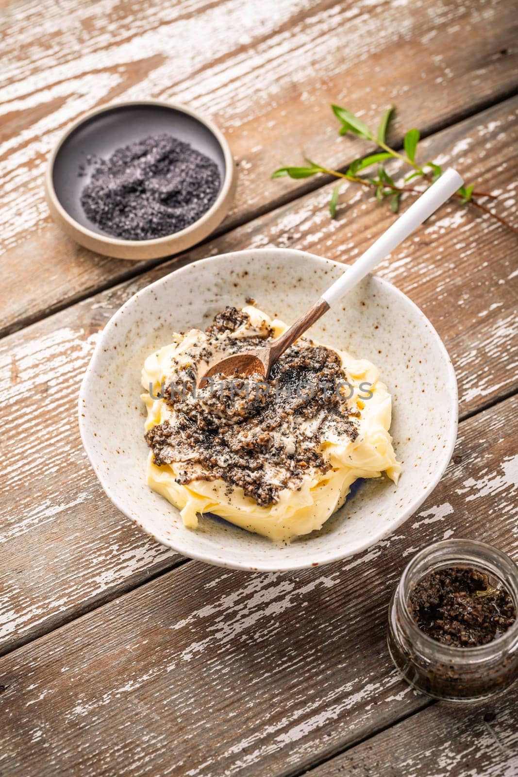 Homemade truffle butter with olive oil and black salt