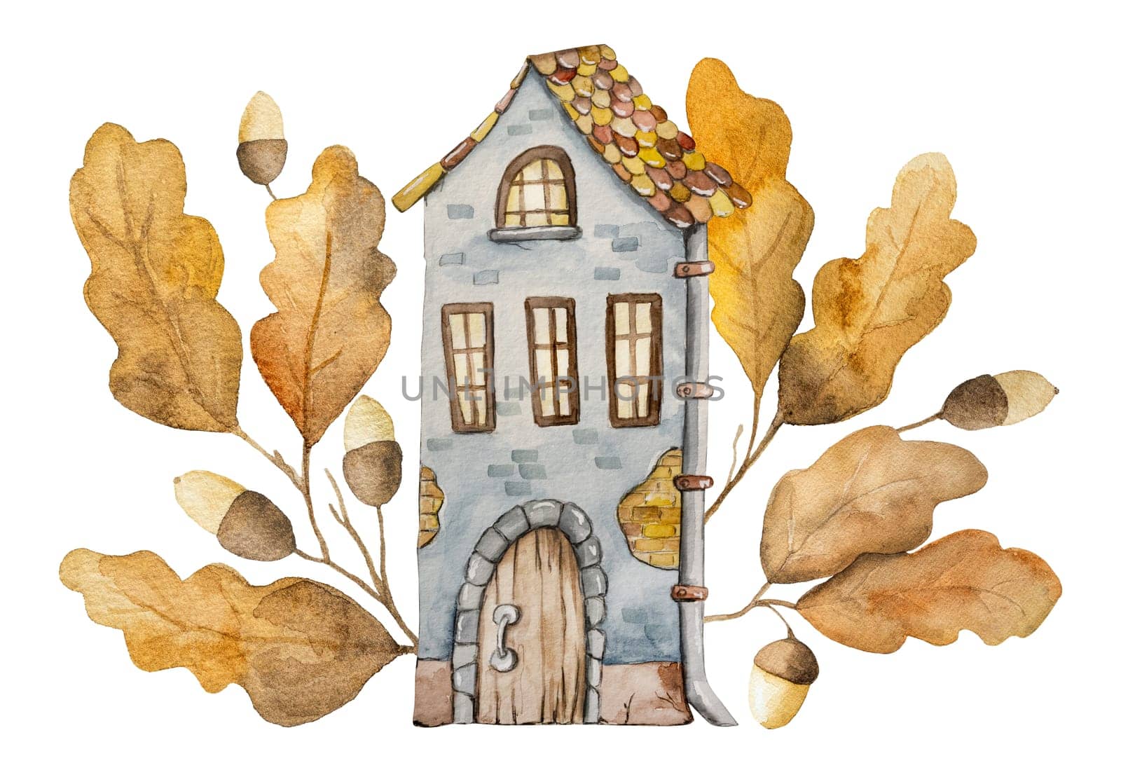 Watercolor Paintings Of An Old House Surrounded By Oak Leaves, Autumn Illustration