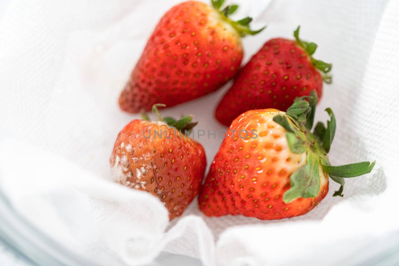 Bright red strawberries, interspersed with signs of mold, rest in a glass bowl lined with a paper towel on a white napkin, indicating improper storage techniques.