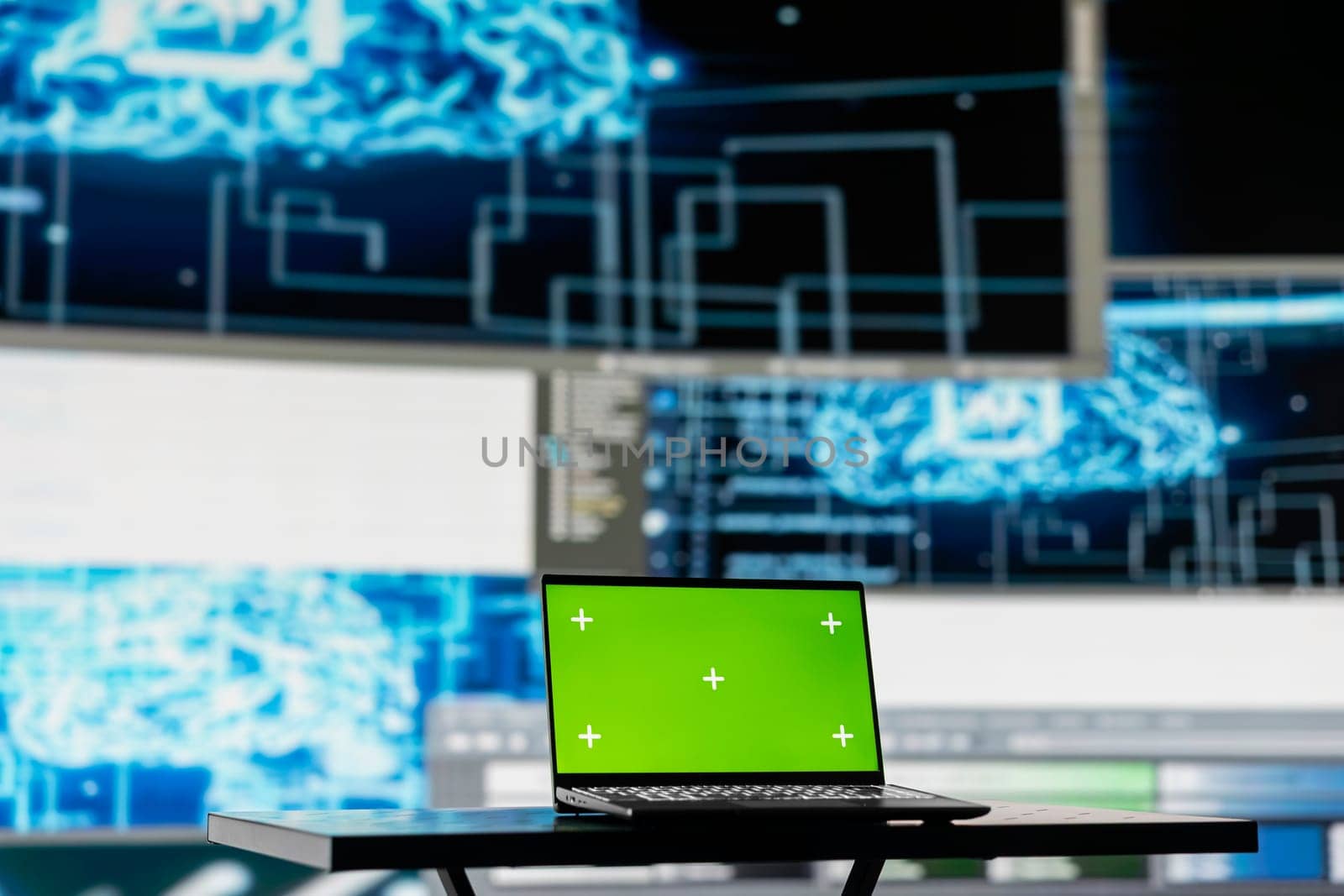 PC showcasing chroma key display next to AI neural networks system, machine learning used for practicing predictive analytics and cloud computing. Implementing artificial intelligence brain.