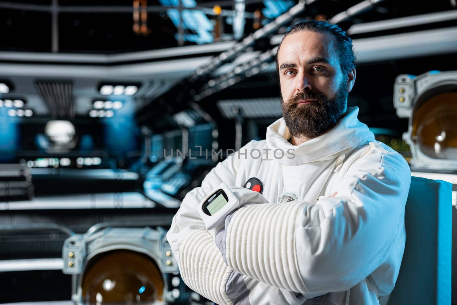 Portrait of cosmonaut flying in futuristic starship during cosmic journey, seeking extraterrestrial life. Astronaut in spacecraft testing other planets habitats during long distance space travel