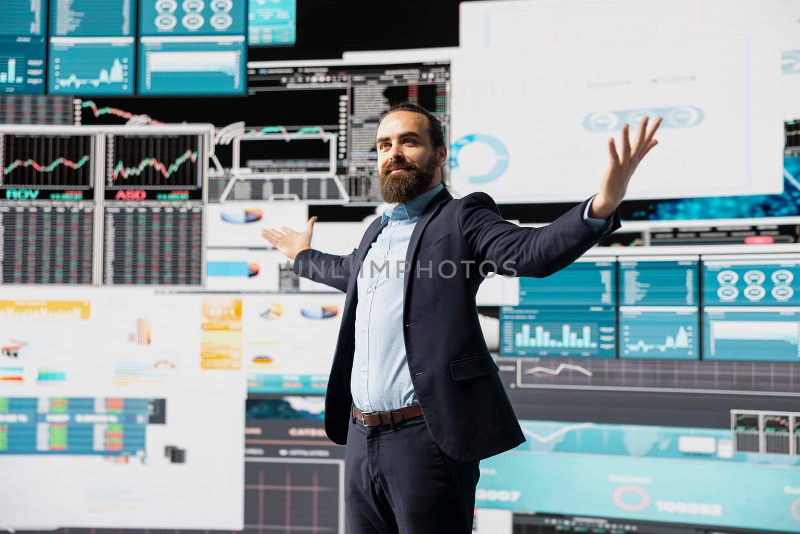 Confident powerful administrator feeling proud of his career success for a high end life and legacy, ensuring good performance metrics for growth. Achieving greatness with self belief.
