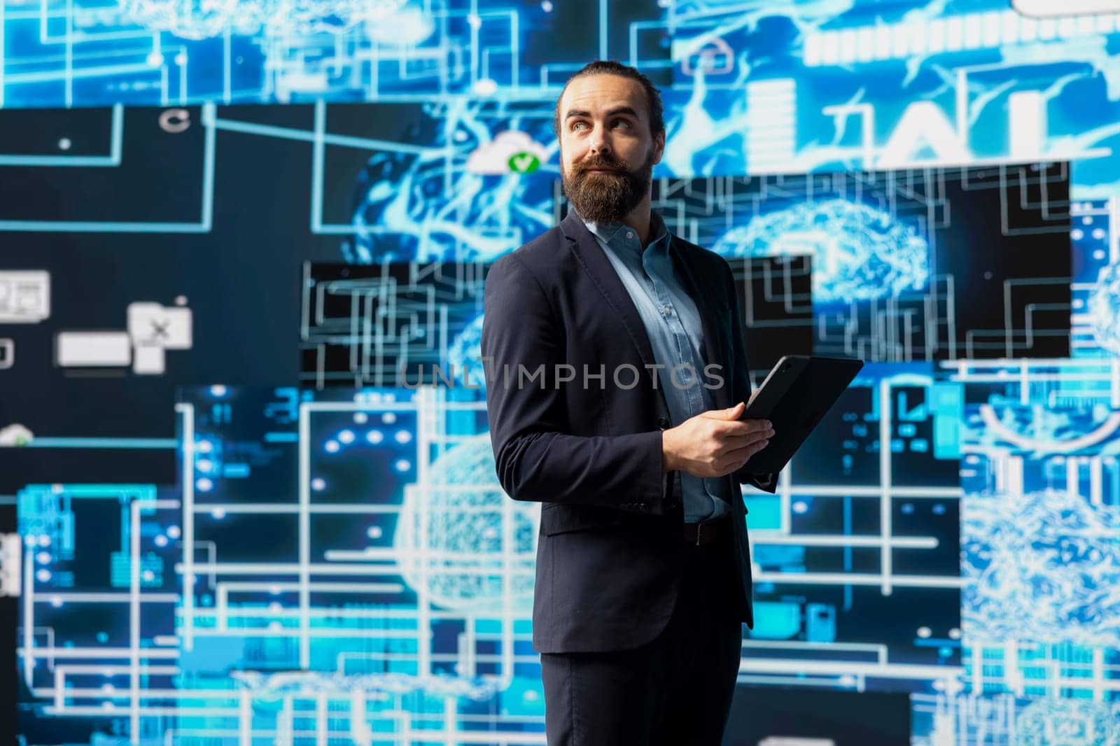 Young entrepreneur interacting with a digital AI brain symbolizing platforms, using deep learning and algorithm development for intelligent innovation and future tech strategy.