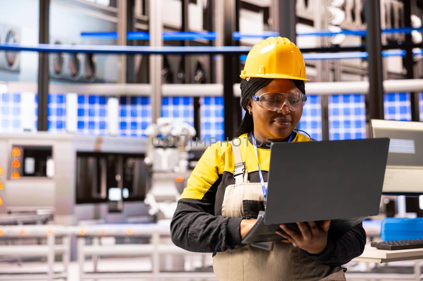 Professional engineer in warehouse, focused on maintenance of solar energy systems and machinery. African american woman with laptop ensuring optimal performance and promoting sustainable development.