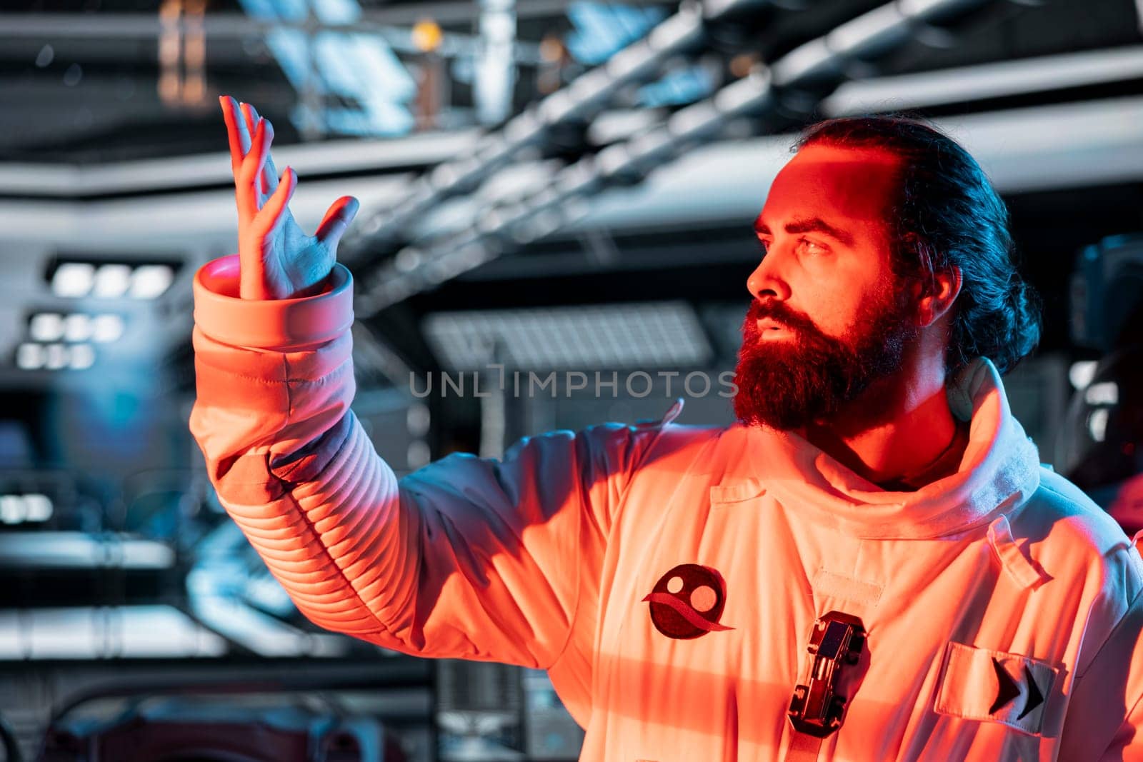 Astronaut reacting to red light alert signals during security breach inside orbital station. Starship crew member responds to unknown threat detected during perimeter scan against hazards