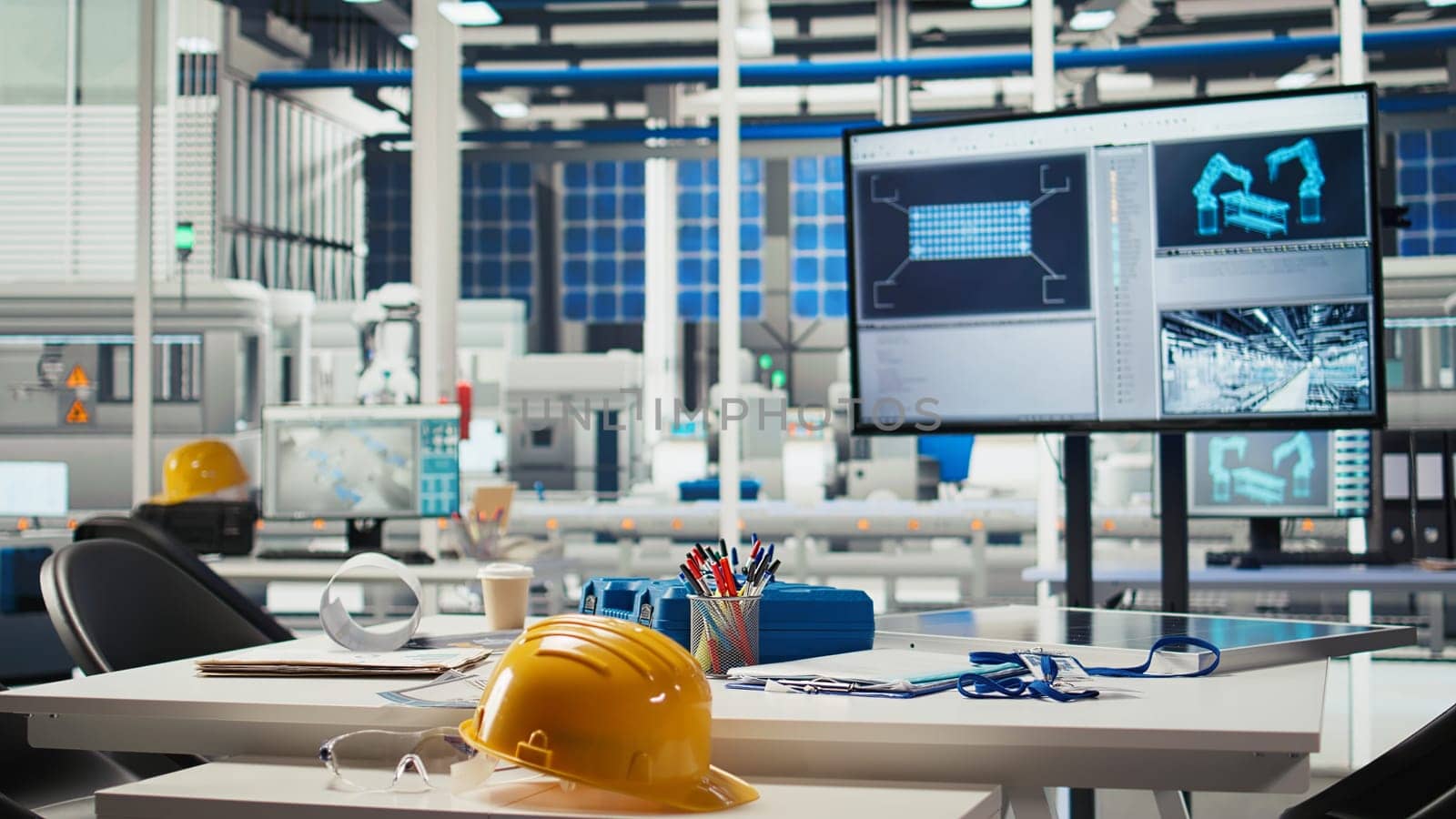 Display in empty photovoltaics factory monitoring system performance. Monitor in sustainable solar panels manufacturing plant tracking energy production and efficiency, dolly out shot