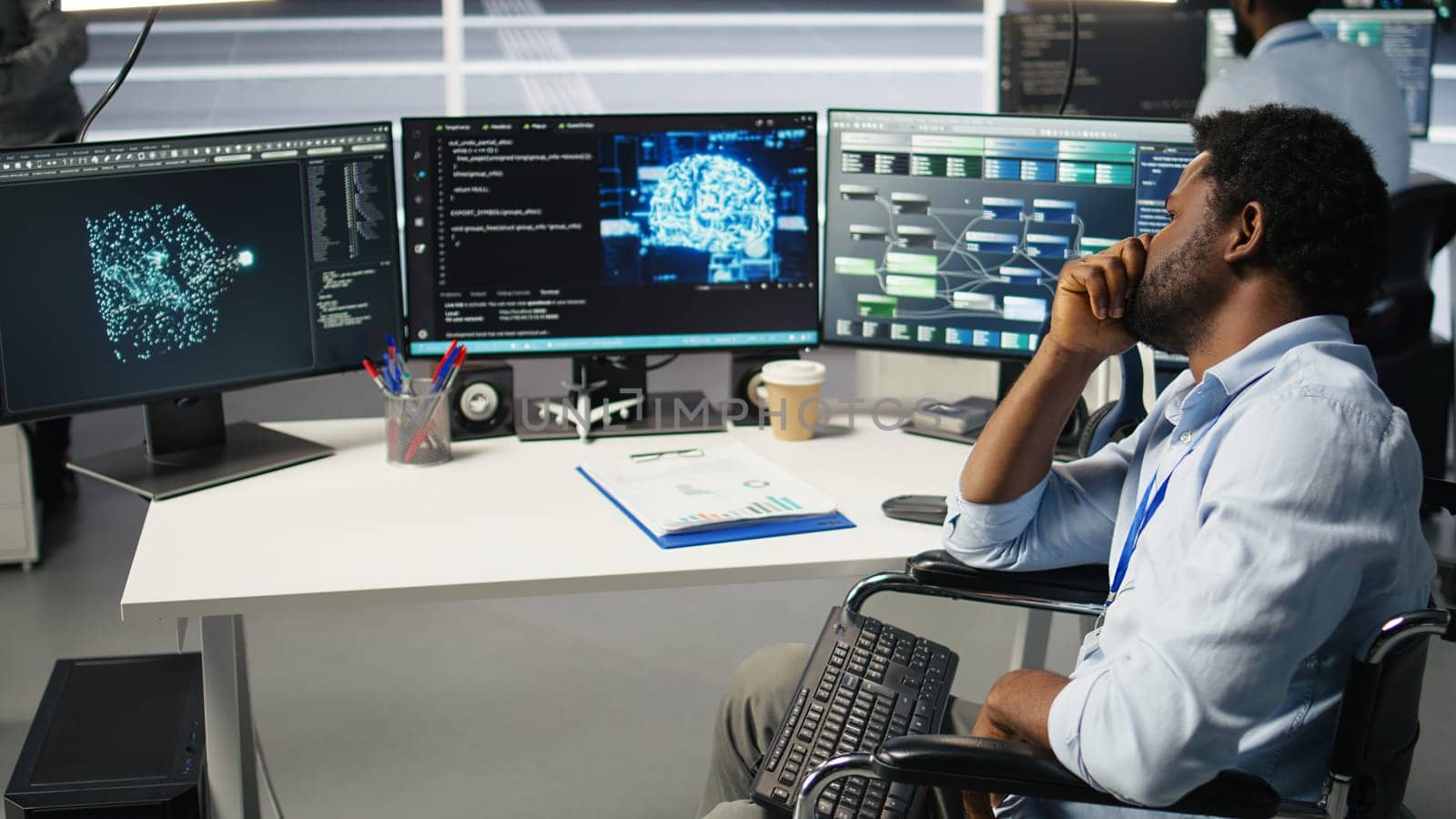 Impatient engineer with paraplegia in data center annoyed by slow AI node tree software. Upset server hub worker with disability frustrated by buggy visual programming tool, camera A