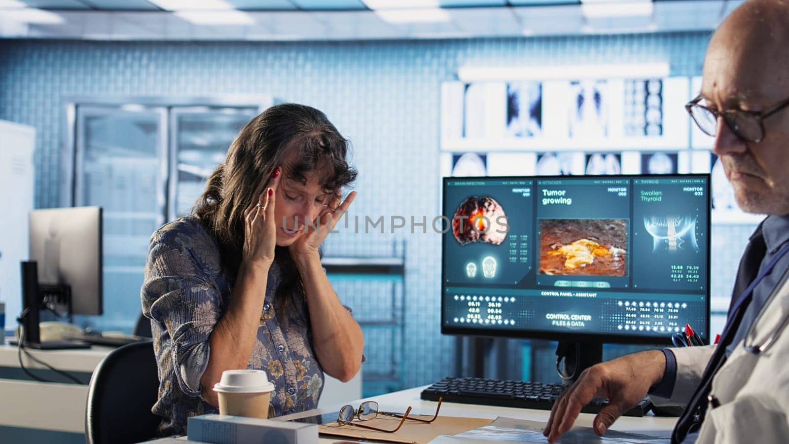 General practitioner consulting old woman with severe migraine at the clinic, prescribing recovery plan on health insurance. Senior medic having a patient with headache and inflammation. Camera A.