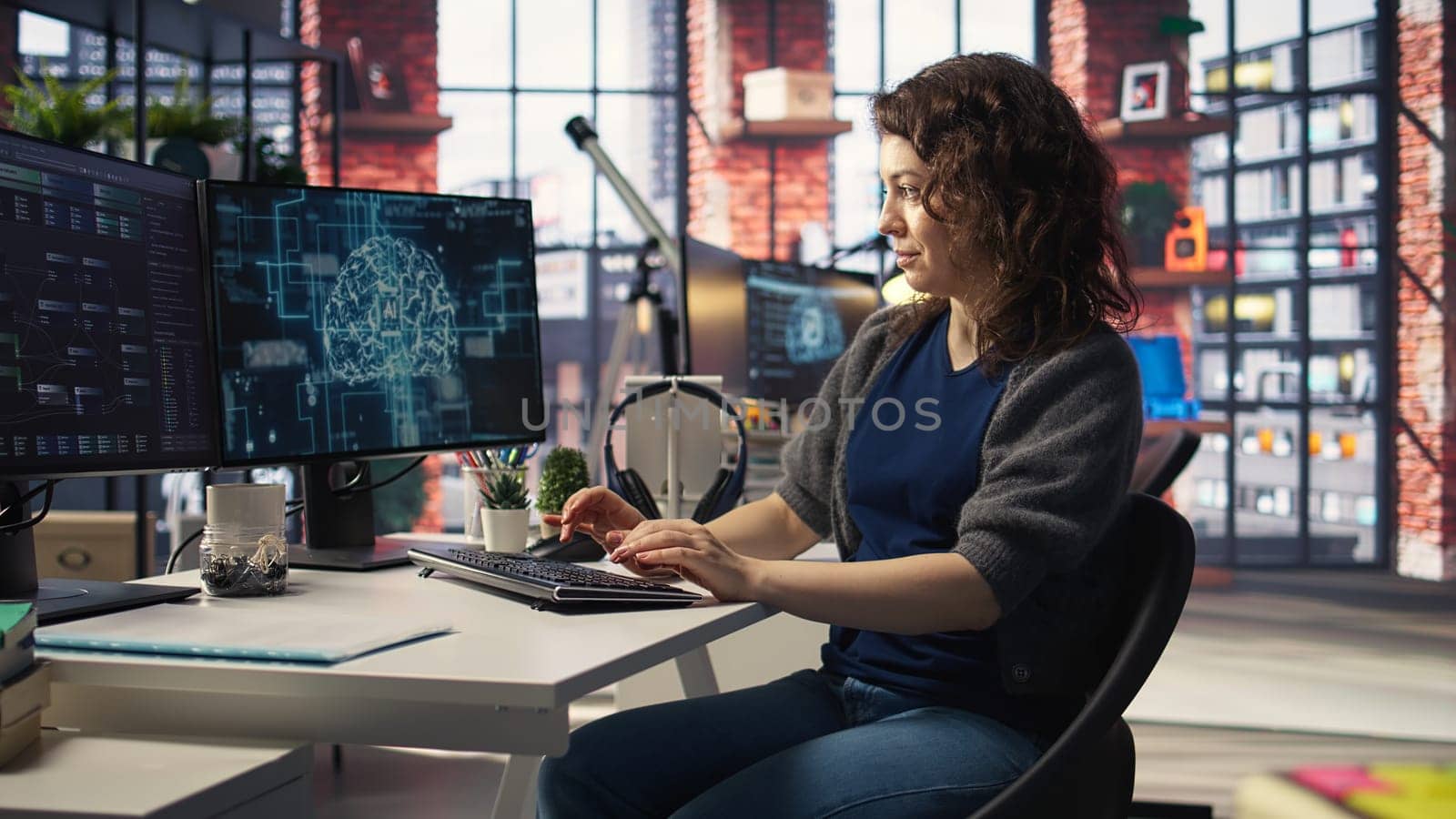Teleworking developer using computer for artificial intelligence computing through self learning algorithms. Agency IT engineer works with AI deep neural networks on desktop PC. Camera A.