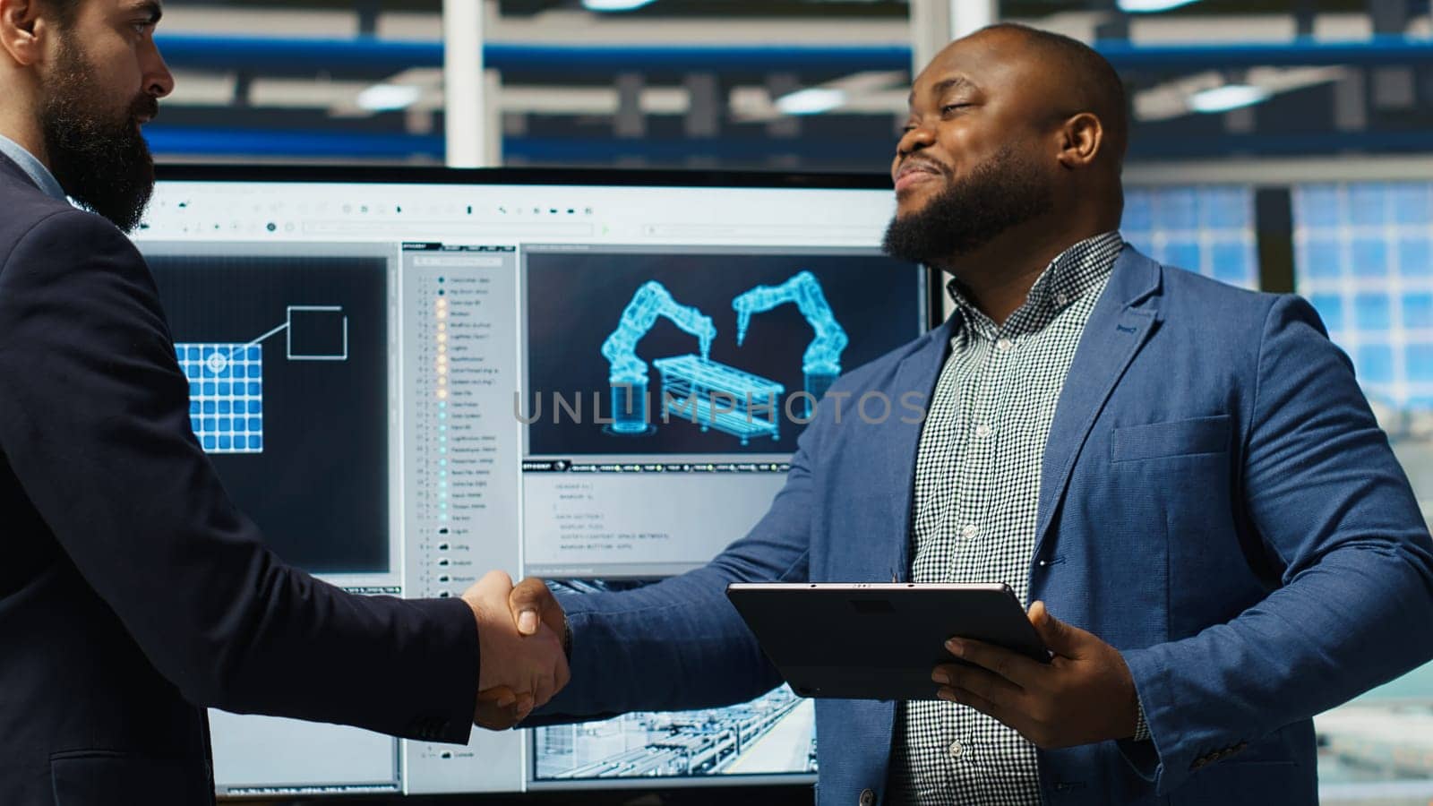 Solar panel factory manager shaking hands with investor interested in manufacturing process. Man greeting shareholder visiting photovoltaics plant to see production growth data, doing handshake, camera B