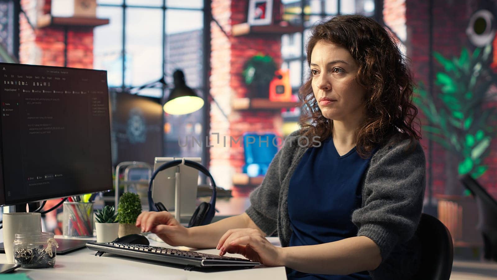 IT female technician uses coding language on computer at the agency, creating software to work on implementing algorithms. IT expert building applications with a programming interface. Camera B.