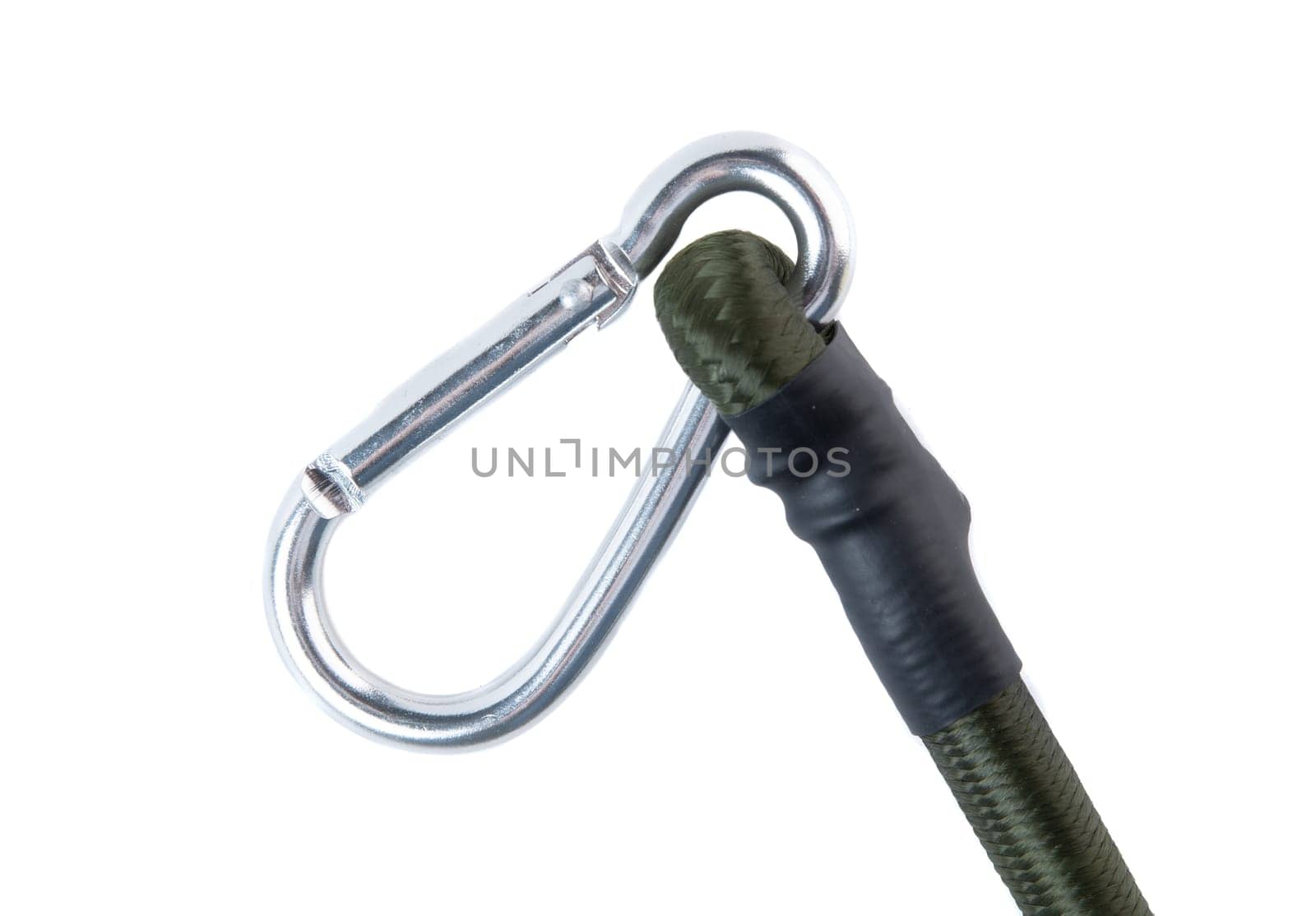 Close-up of a metal carabiner attached to a green elastic bungee cord on a white background. Durable tie down strap for automotive and outdoor use.