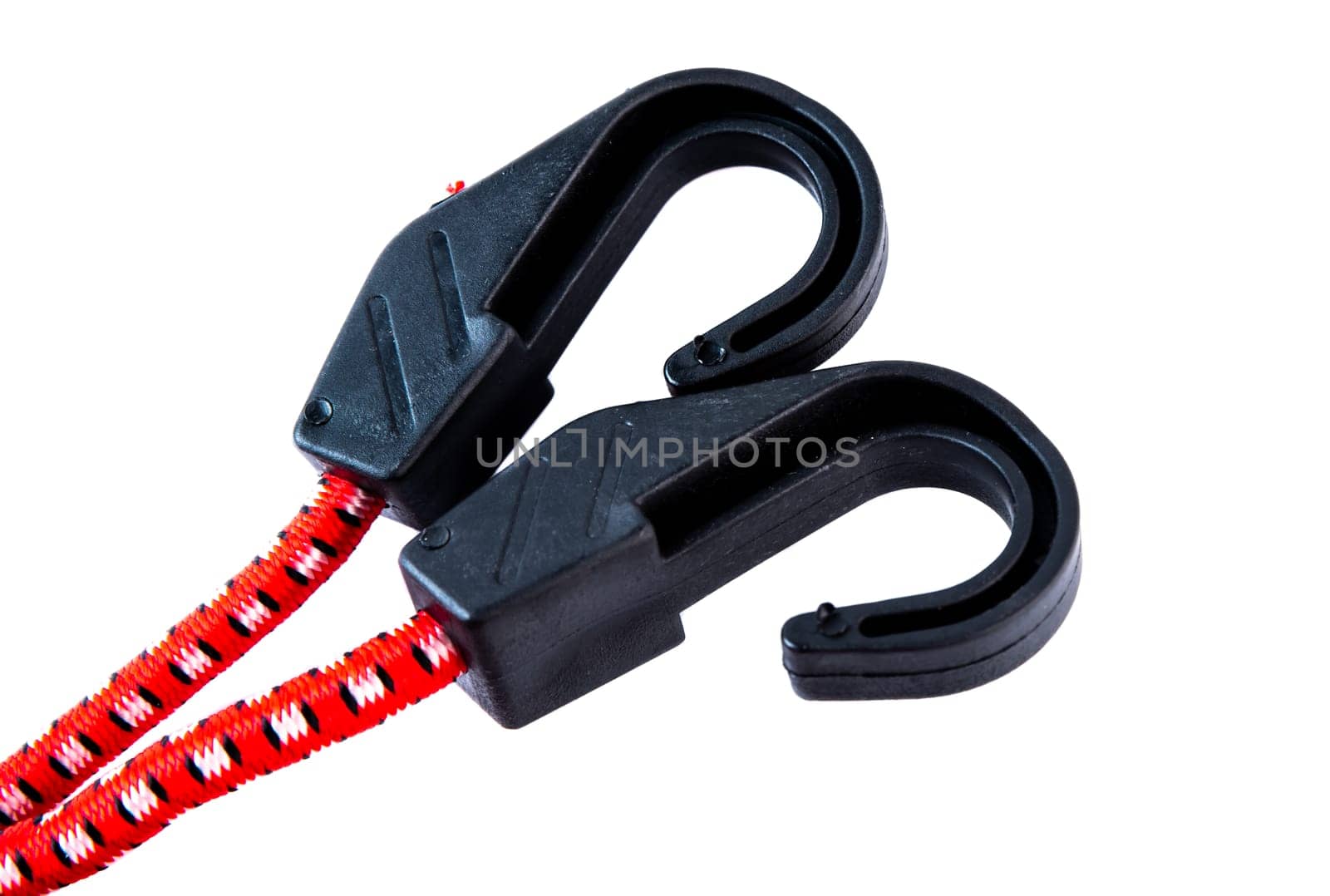 Close-up of two black plastic bungee cord hooks isolated on white background. Ideal replacement parts for luggage straps and elastic tie-downs.