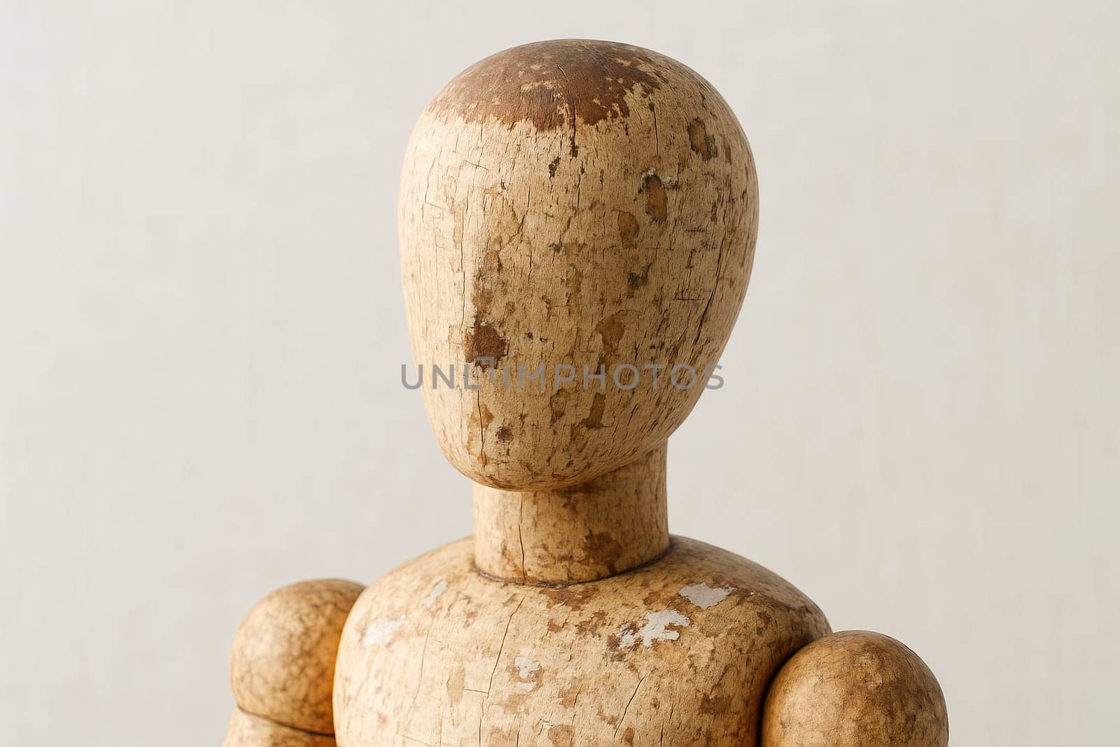 Weathered Wooden Artists Mannequin Macro in Soft Neutral Palette