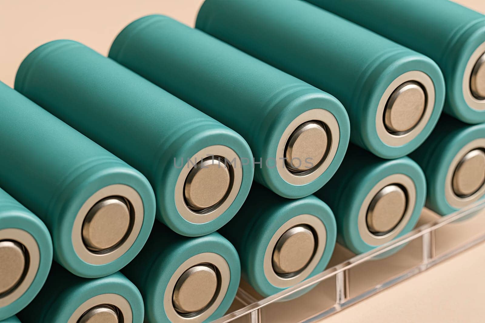 Pastel High-Key Macro of 18650 Lithium Batteries in Acrylic Rack