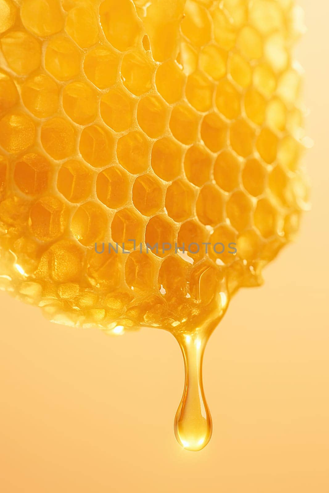 Golden Honey Dripping from Honeycomb Macro in Soft Pastel Light