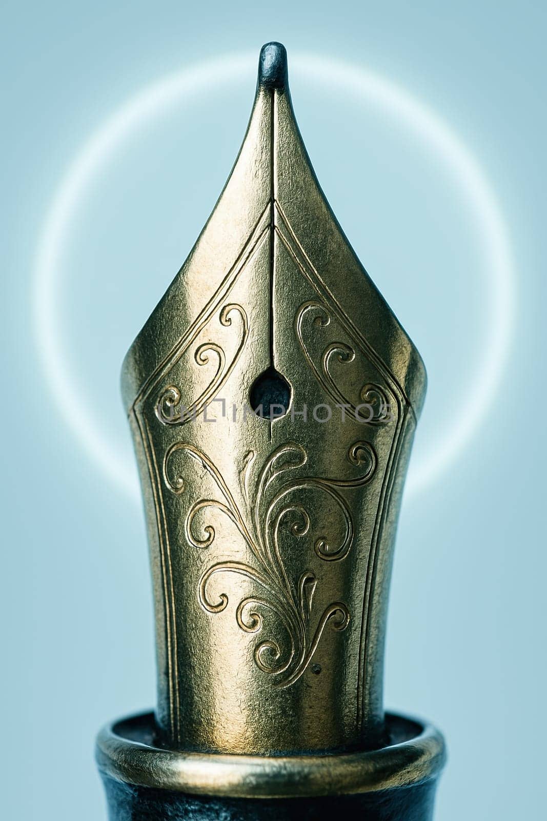 Close-Up Vintage Fountain Pen Nib with Cool Ring-Light Highlights