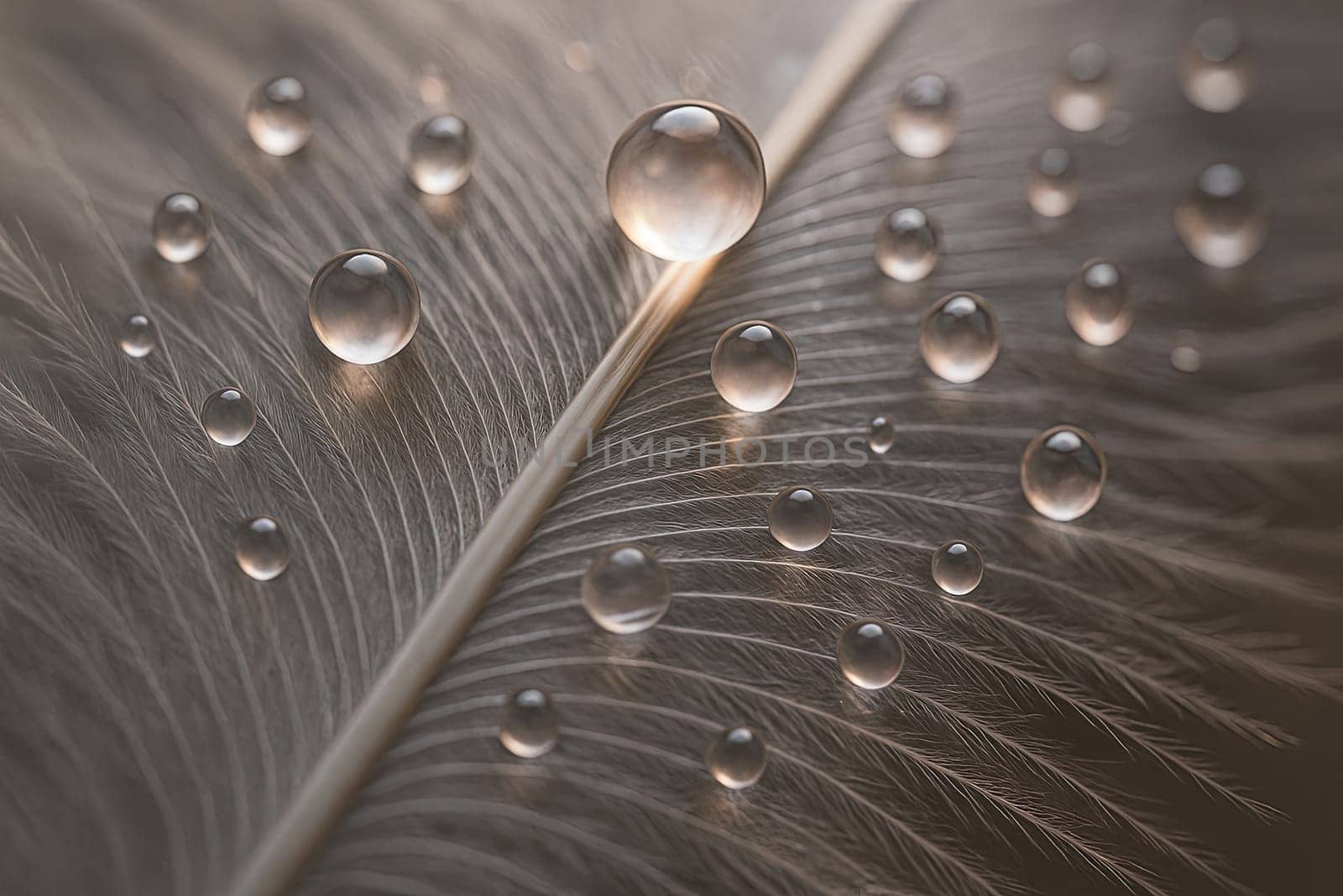 Macro of Feather Barbs and Dewdrops in Bright Pastel High-Key