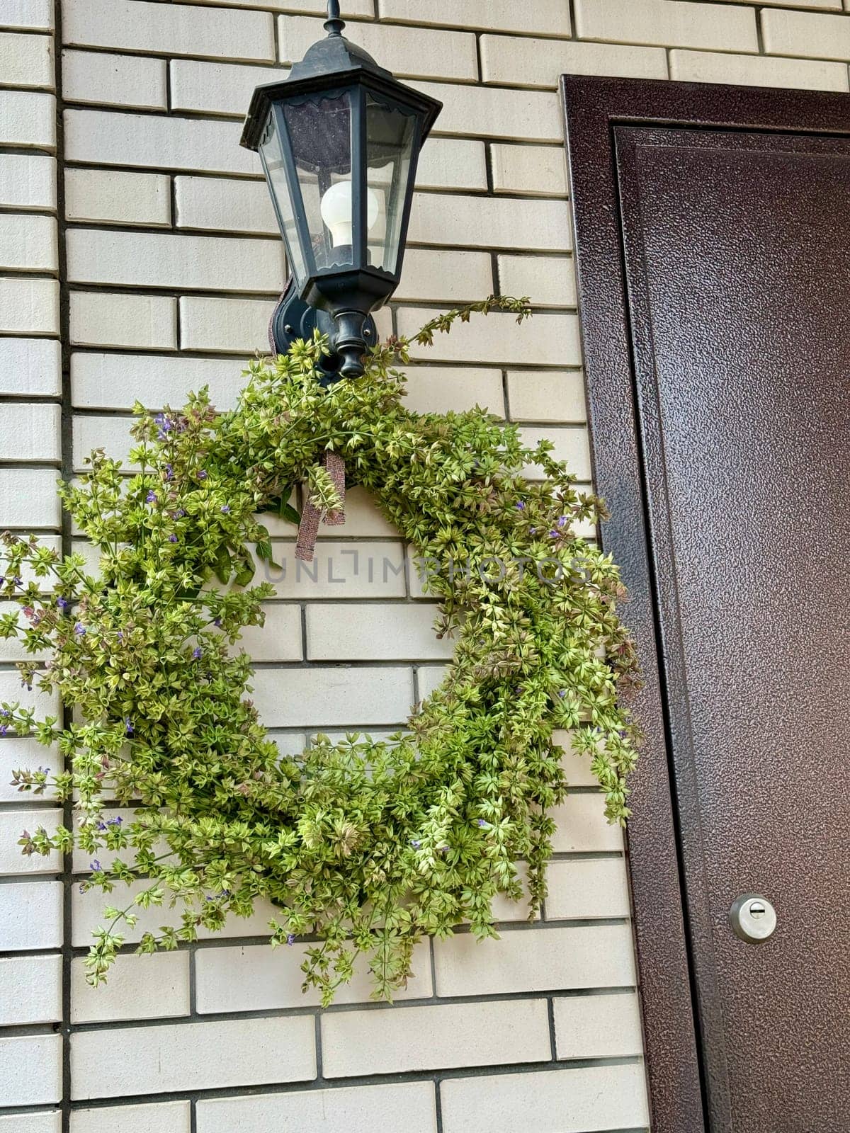 decorative wreath of fresh twigs, sage flowers and leaves with a purple ribbon hangs against the background of a light cypress wall next to the front door to the house. High quality photo