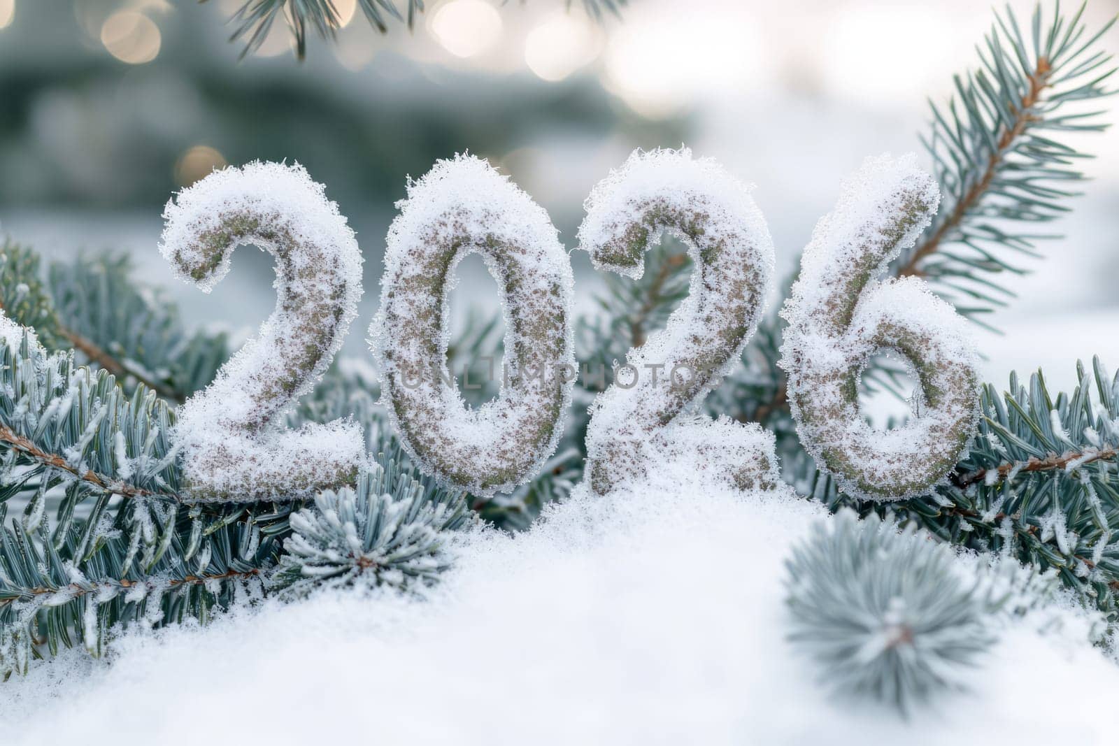 The letters 2026 formed by christmas trees spruce fluffy branches.