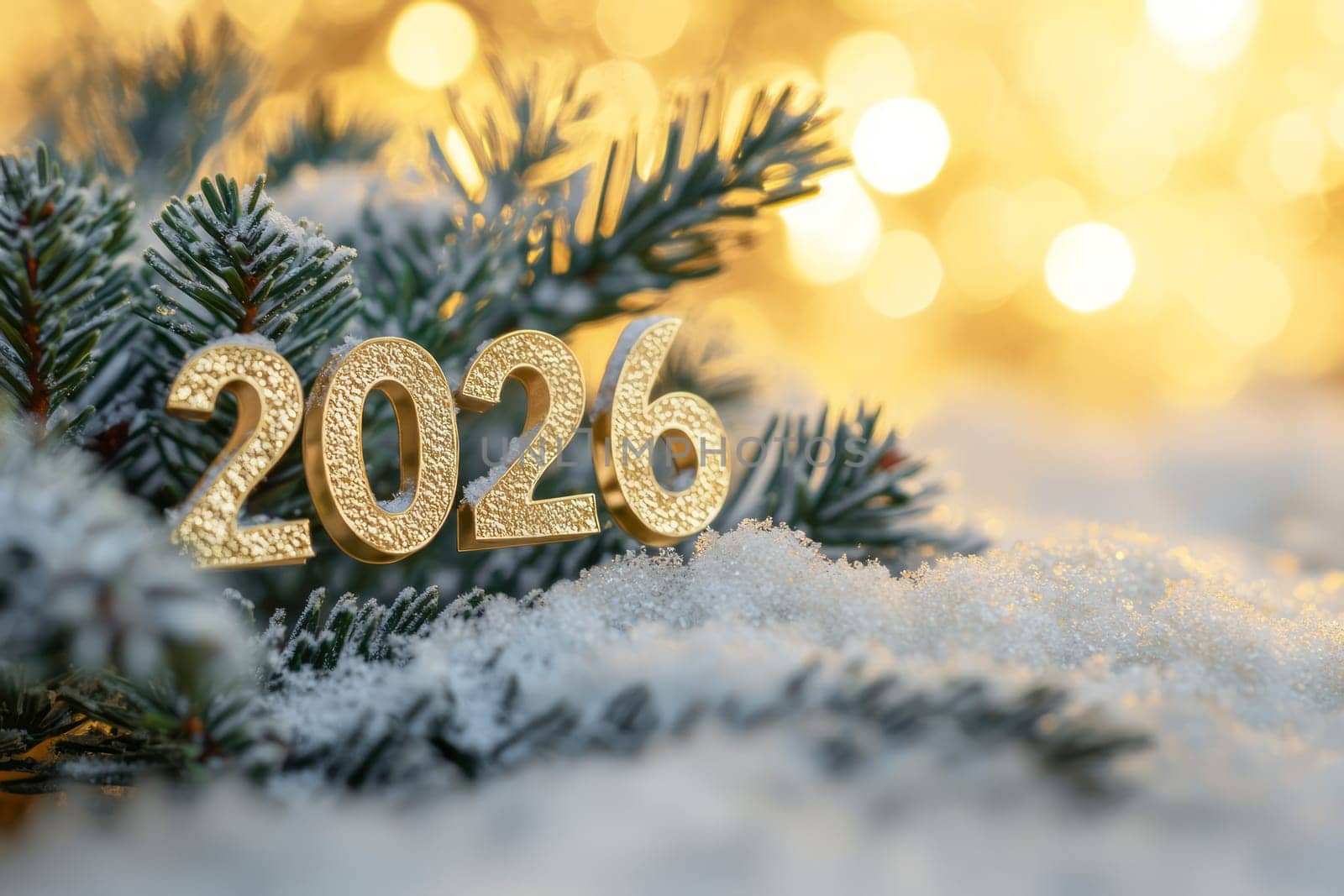 The golden letters 2026 formed by christmas trees spruce fluffy branches.