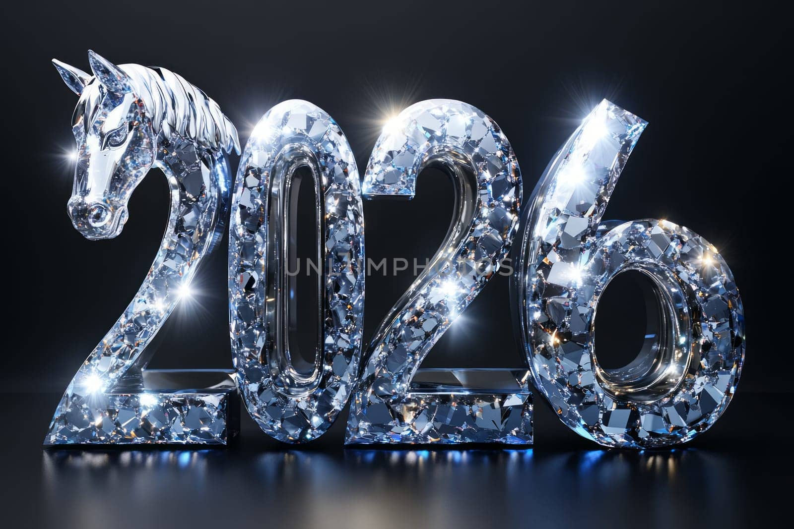 Banner with shiny diamond crystals silver numbers 2026 with glass red horse head. Symbol of 2026