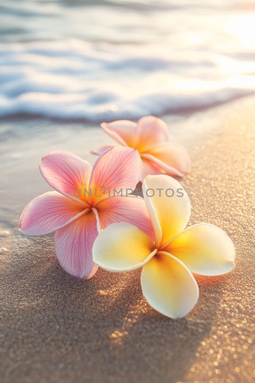 Plumeria flowers on the beach on the sand. selective focus. Generative AI, nature