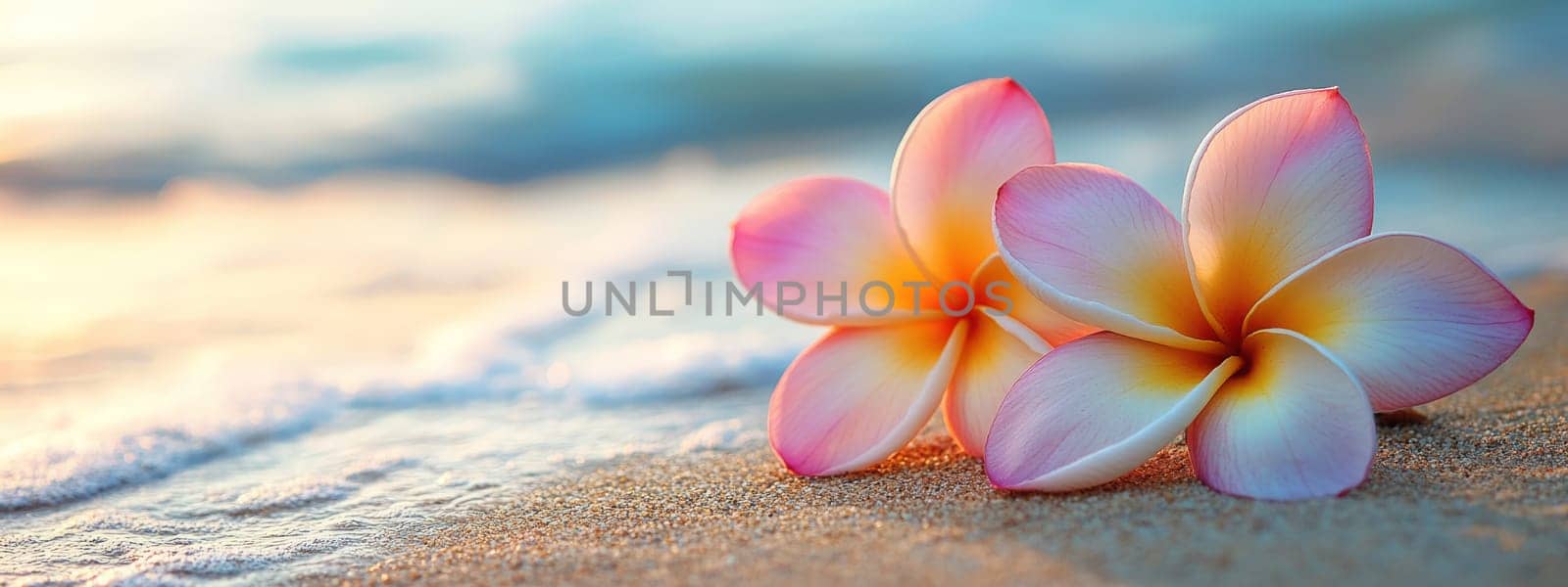 Plumeria flowers on the beach on the sand. selective focus. Generative AI, nature