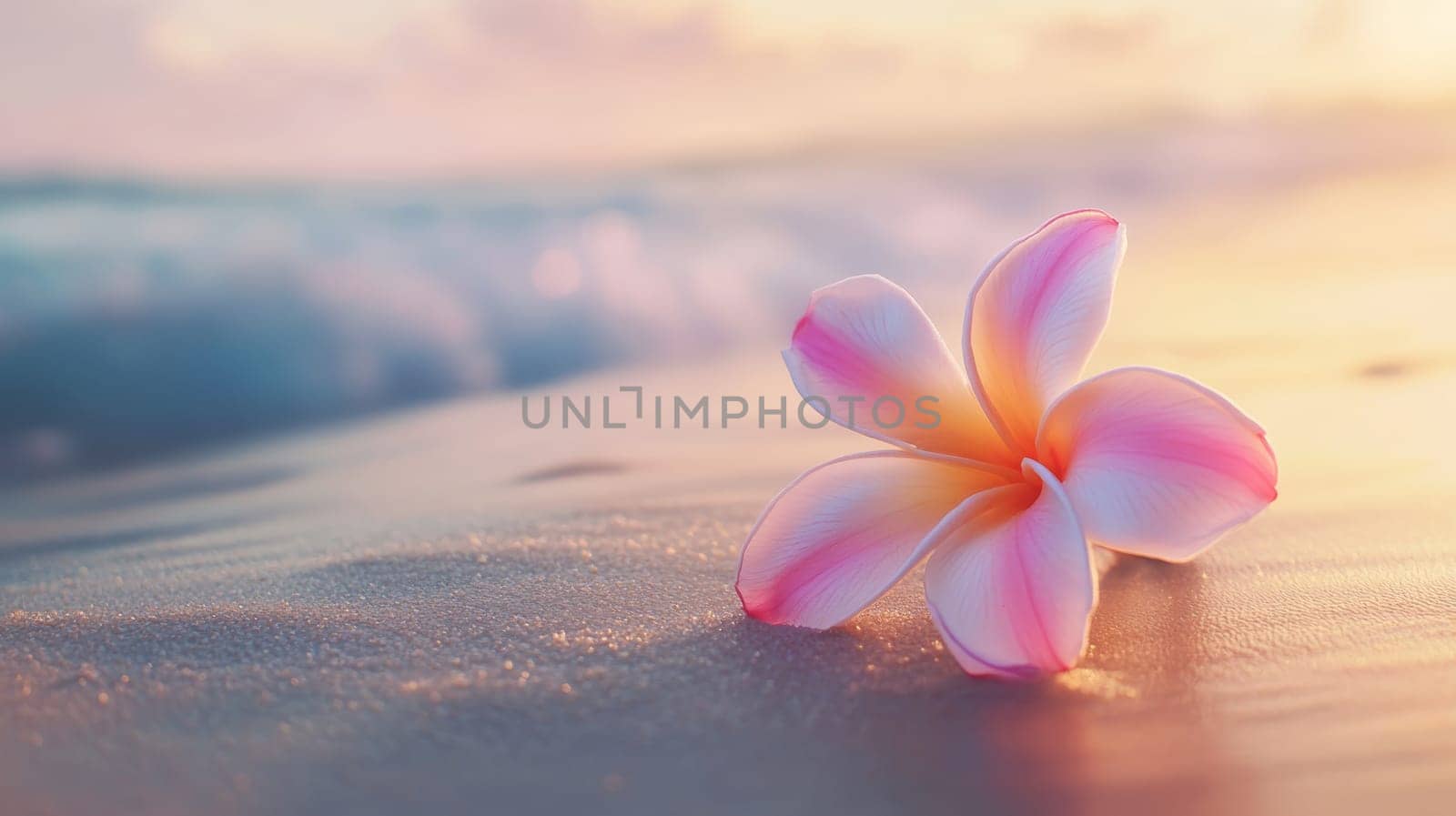 Plumeria flowers on the beach on the sand. selective focus. Generative AI, nature