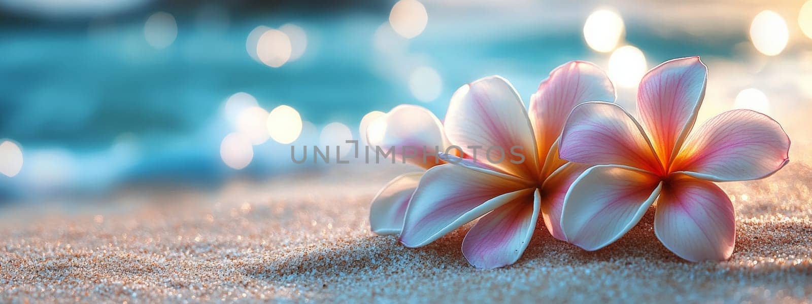 Plumeria flowers on the beach on the sand. selective focus. Generative AI, nature