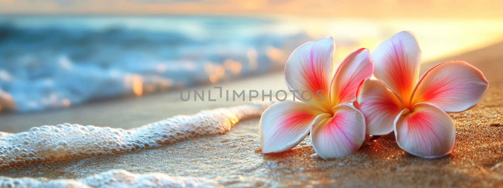 Plumeria flowers on the beach on the sand. selective focus. Generative AI, nature