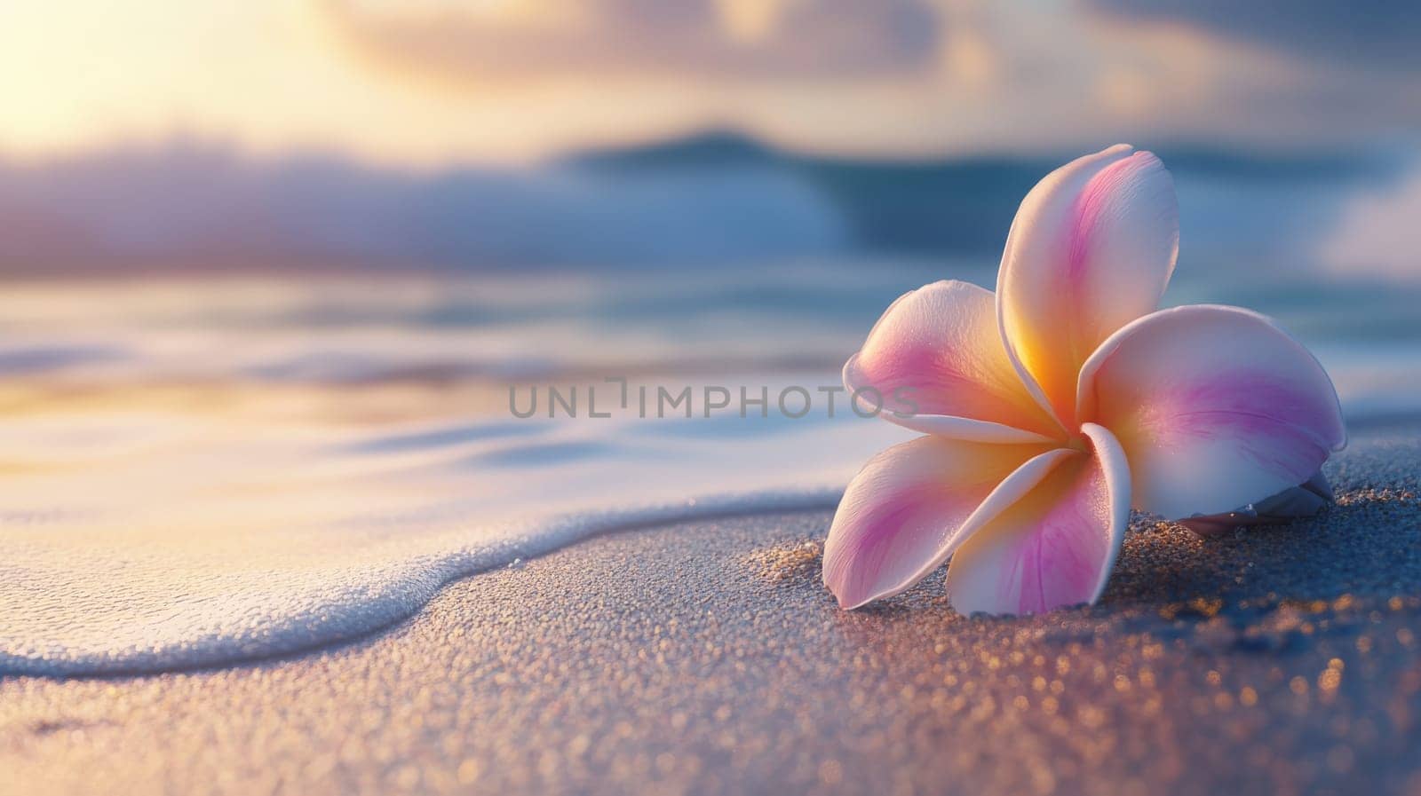 Plumeria flowers on the beach on the sand. selective focus. Generative AI, nature