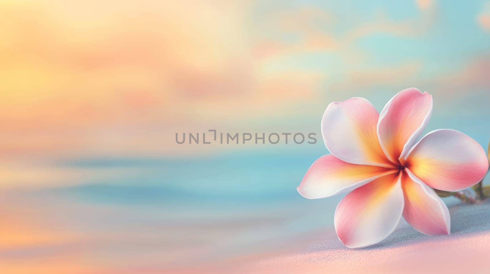 Plumeria flowers on the beach on the sand. selective focus. Generative AI, nature