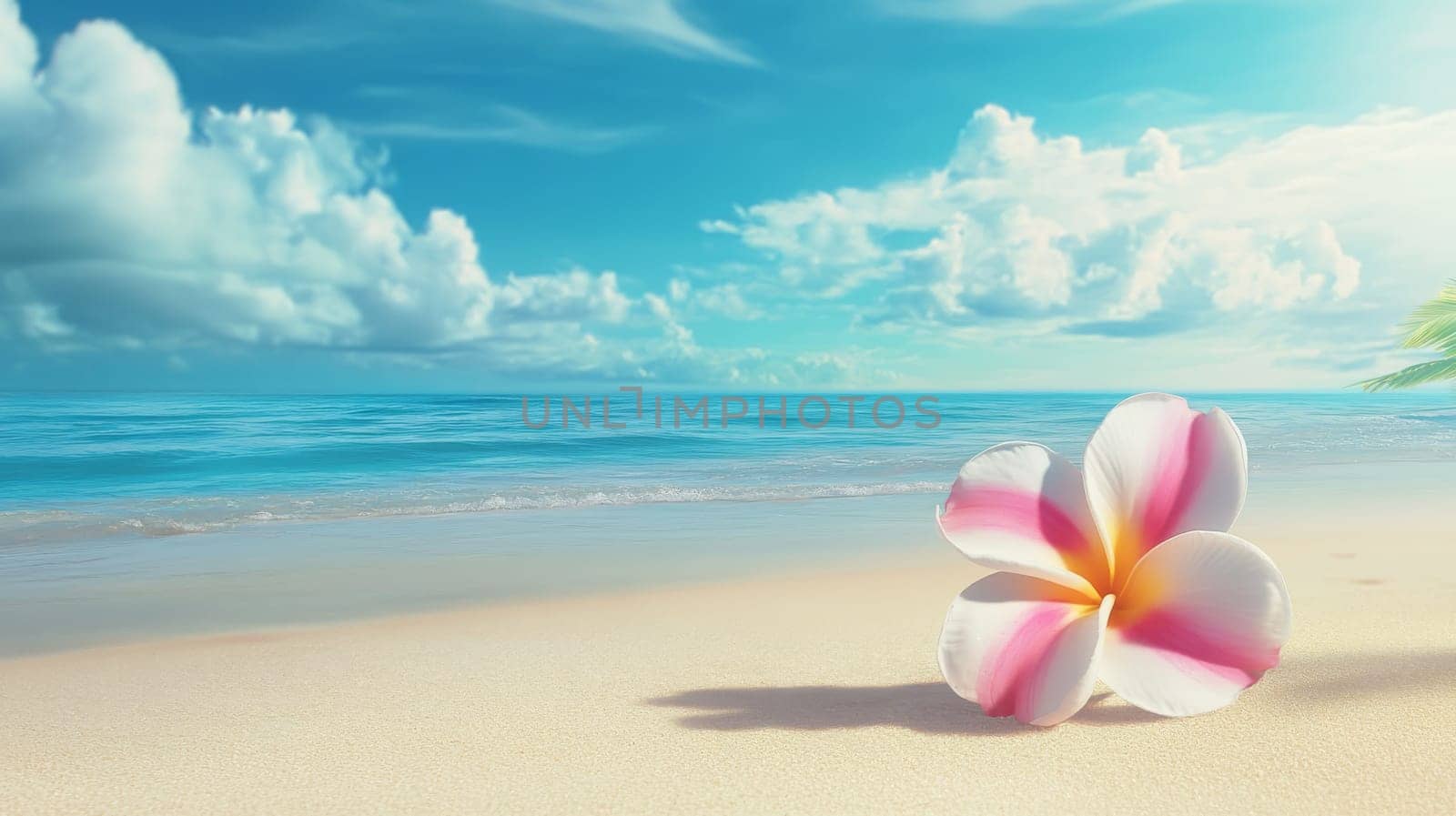Plumeria flowers on the beach on the sand. selective focus. Generative AI, nature