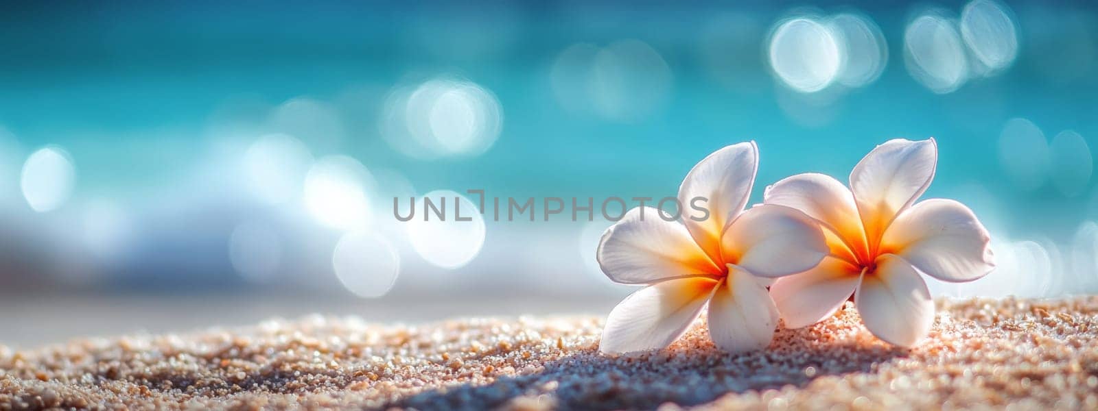 Plumeria flowers on the beach on the sand. selective focus. Generative AI, nature