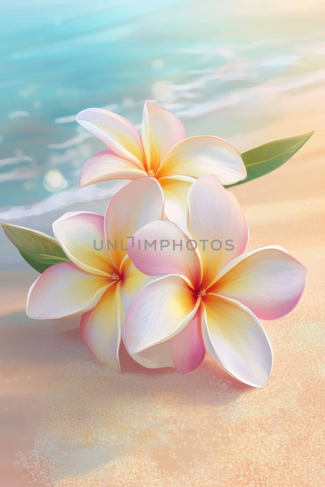 Plumeria flowers on the beach on the sand. selective focus. Generative AI, nature