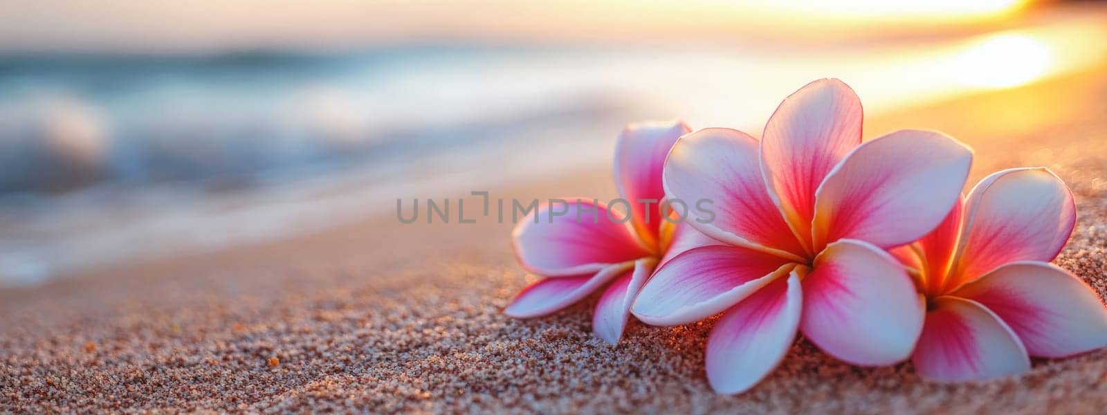 Plumeria flowers on the beach on the sand. selective focus. Generative AI, nature