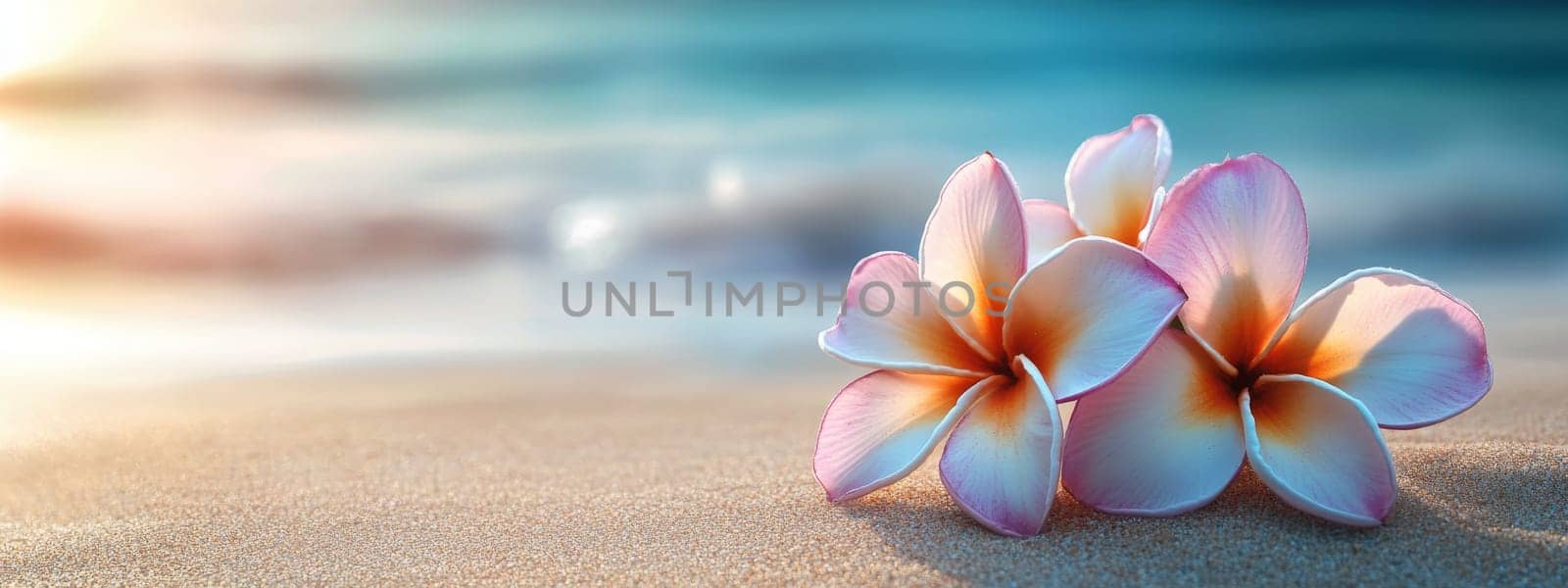 Plumeria flowers on the beach on the sand. selective focus. Generative AI, nature