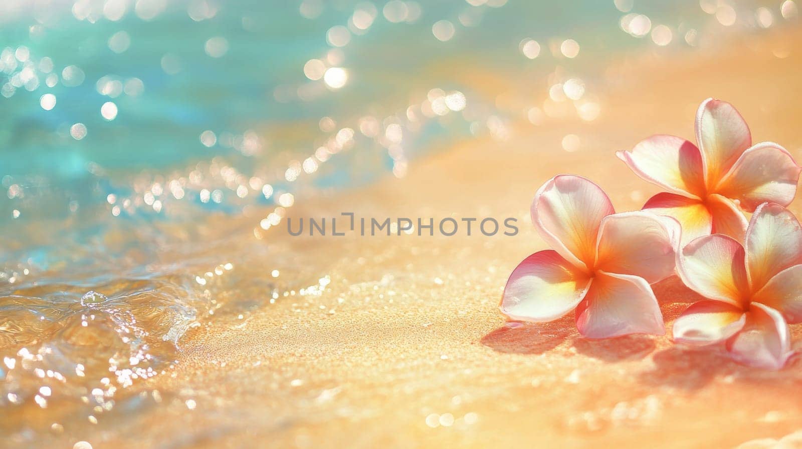 Plumeria flowers on the beach on the sand. selective focus. Generative AI, nature