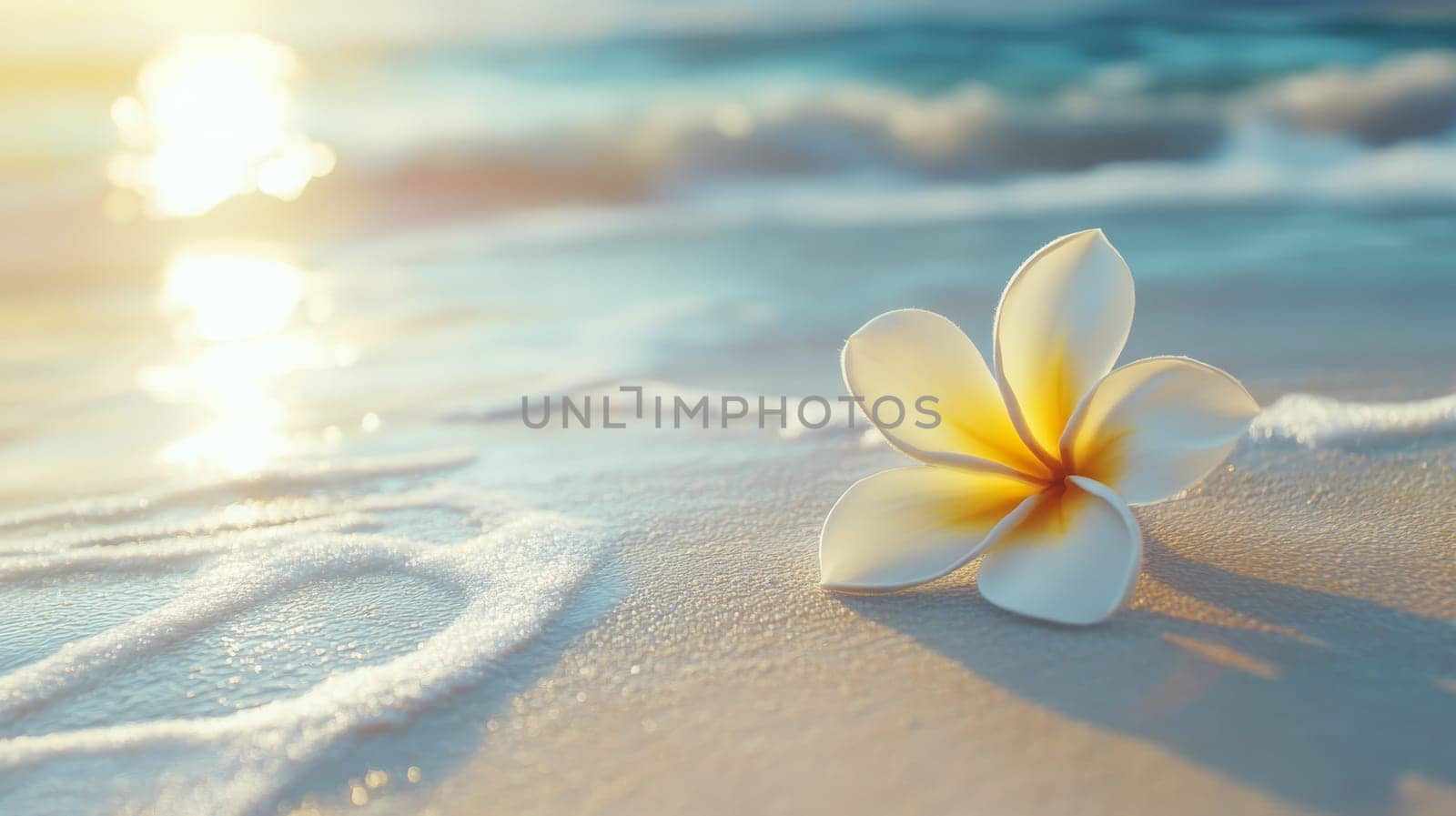 Plumeria flowers on the beach on the sand. selective focus. Generative AI, nature