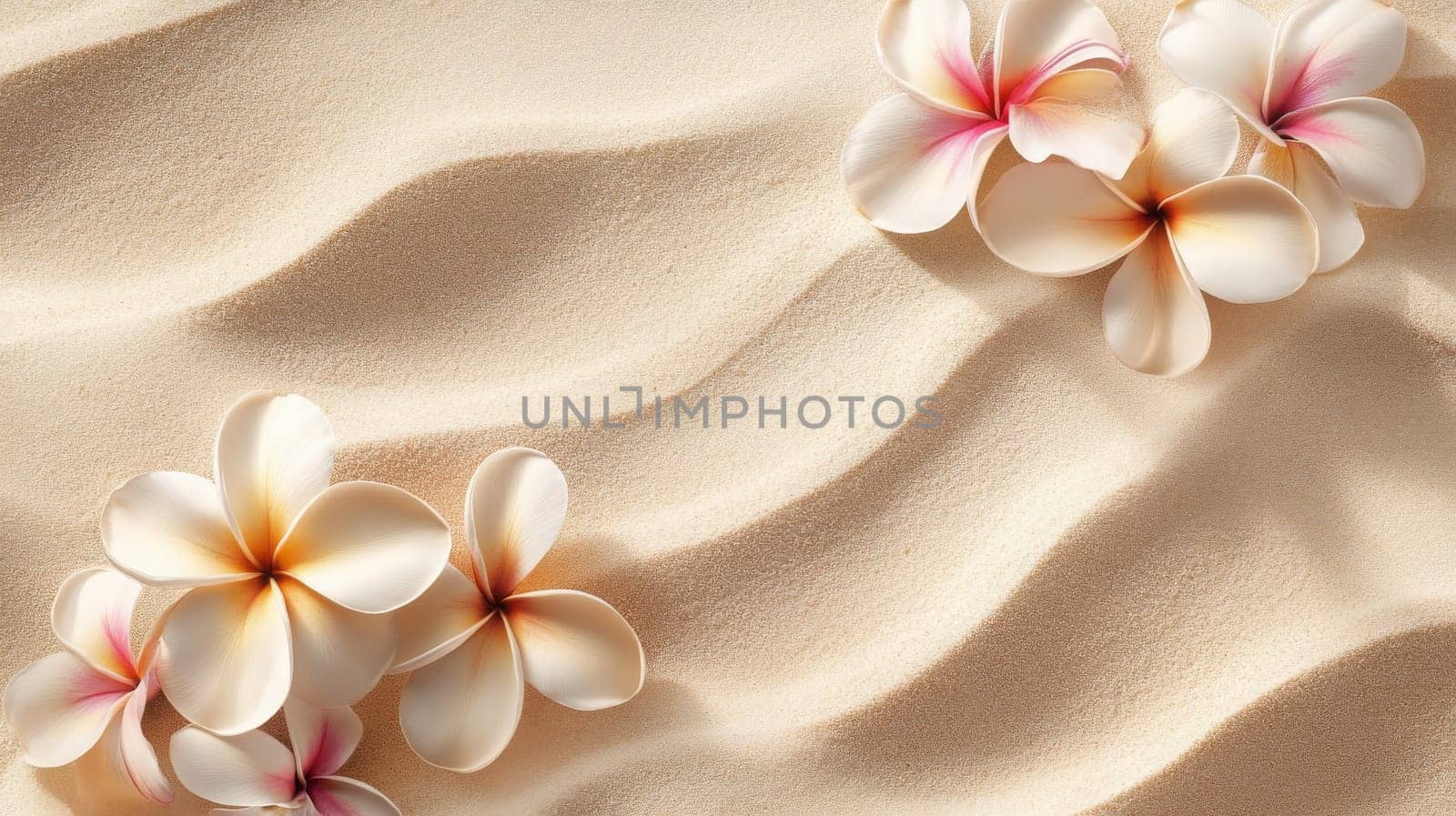 Plumeria flowers on the beach on the sand. selective focus. Generative AI, nature
