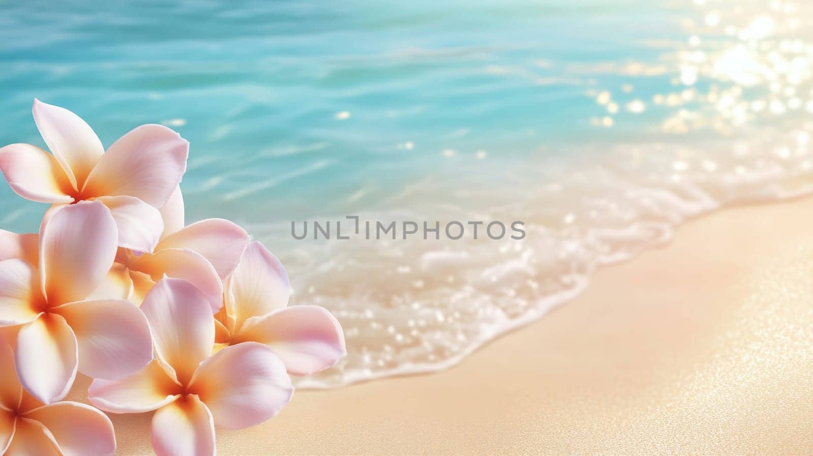 Plumeria flowers on the beach on the sand. selective focus. Generative AI, nature