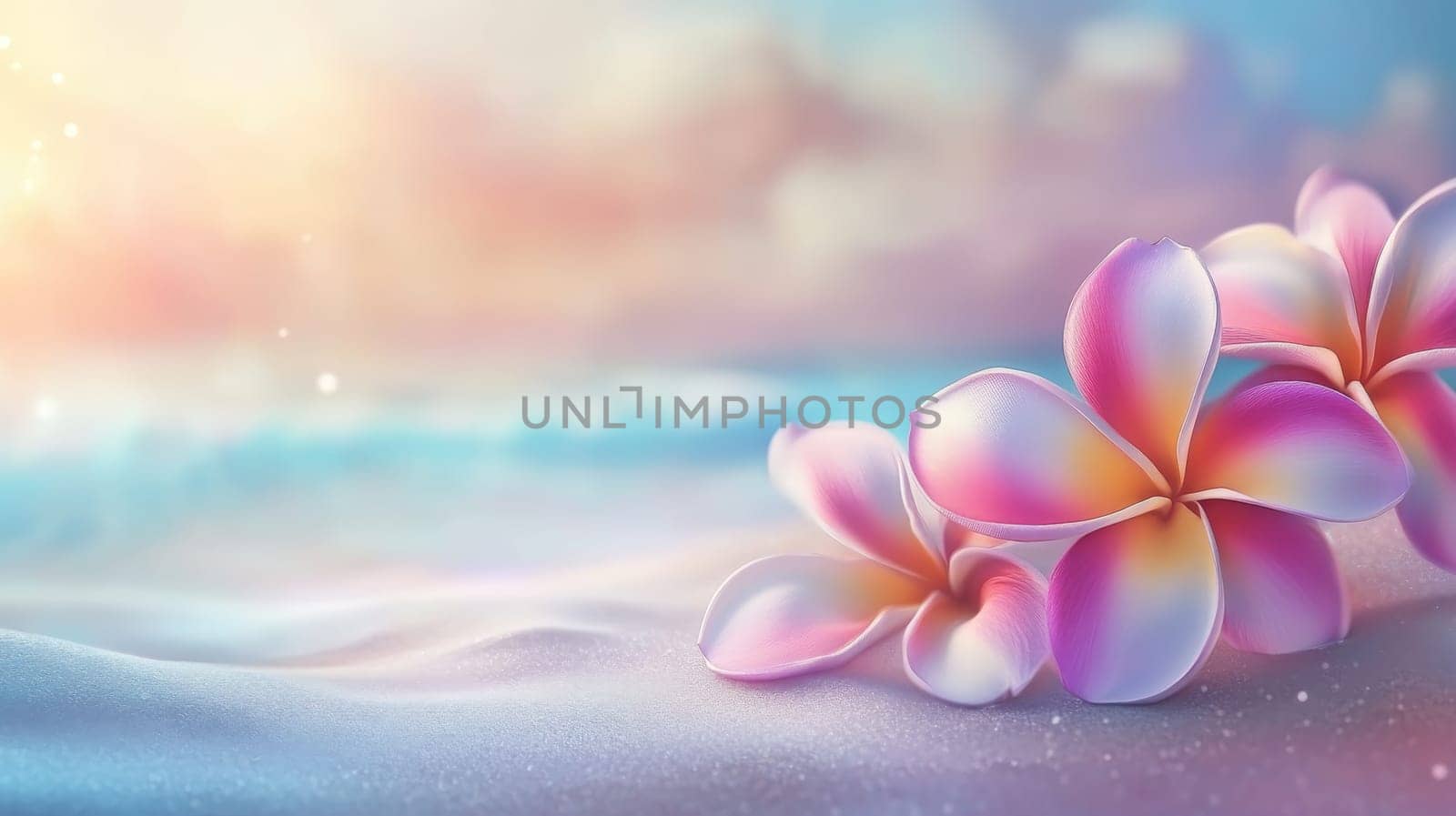 Plumeria flowers on the beach on the sand. selective focus. Generative AI, nature