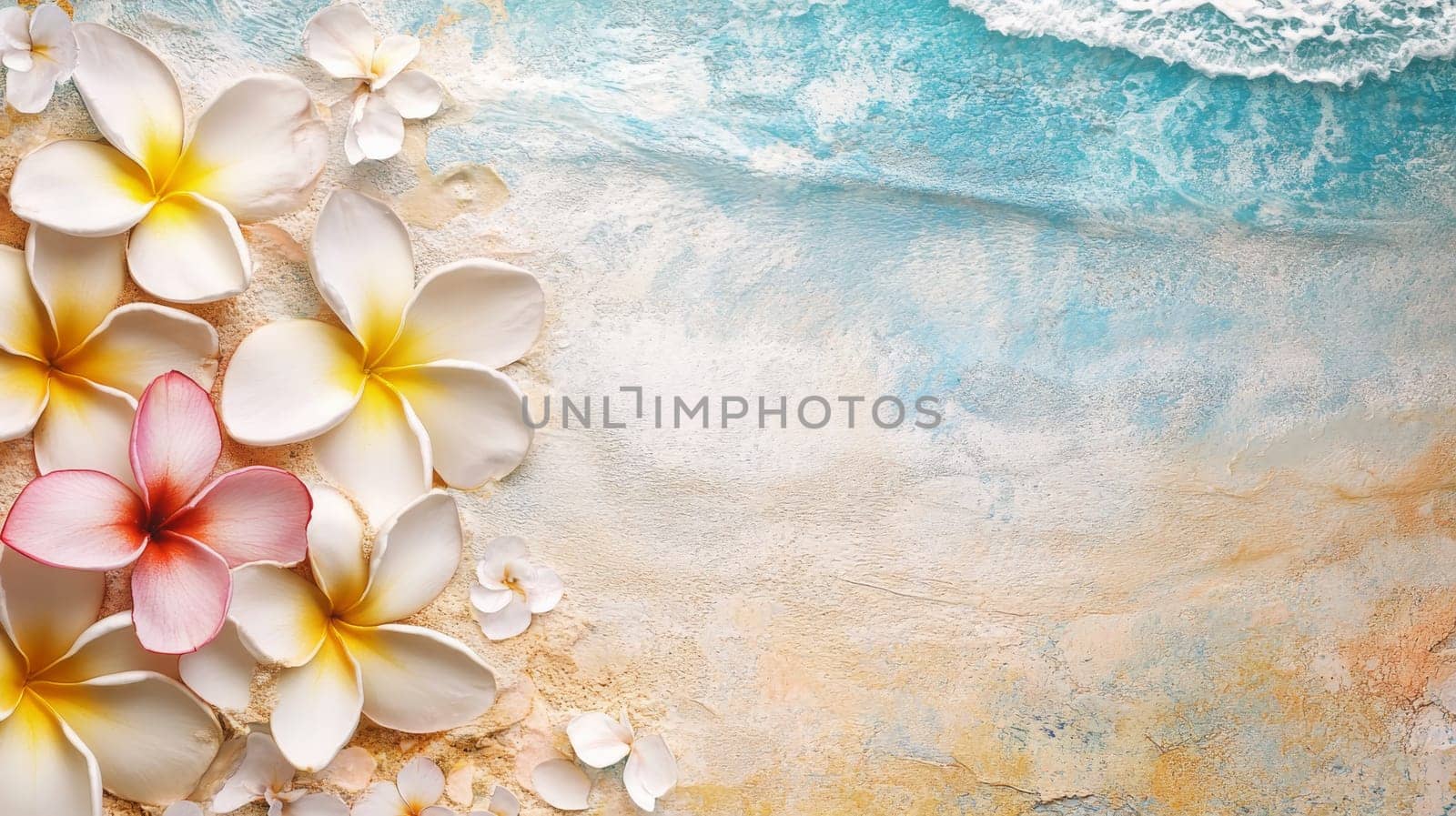 Plumeria flowers on the beach on the sand. selective focus. Generative AI, nature