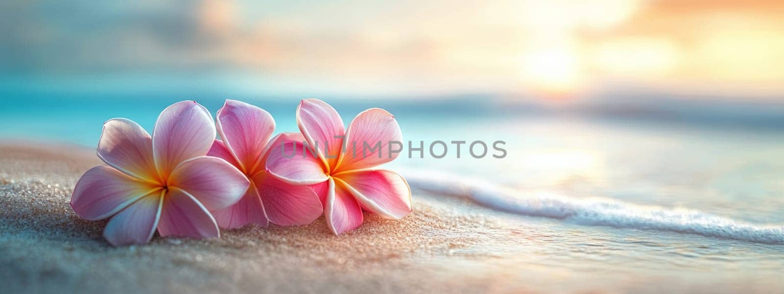 Plumeria flowers on the beach on the sand. selective focus. Generative AI, nature