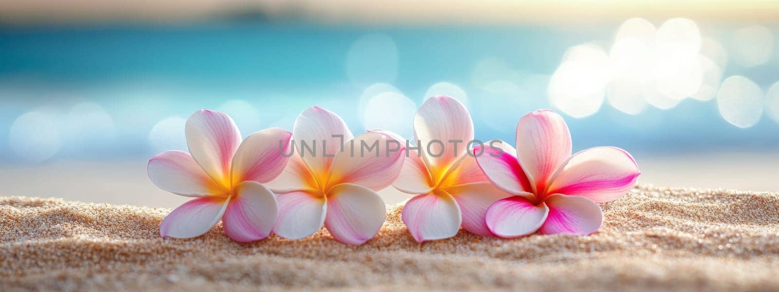 Plumeria flowers on the beach on the sand. selective focus. Generative AI, nature