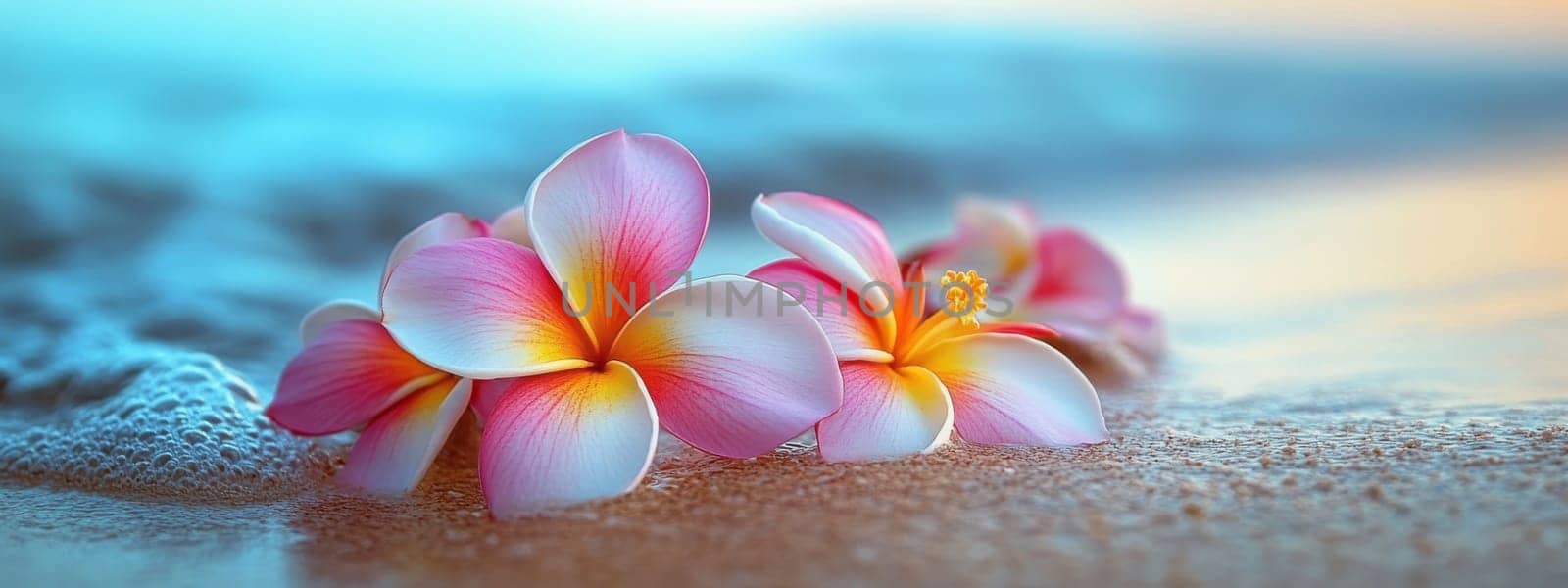 Plumeria flowers on the beach on the sand. selective focus. Generative AI, nature