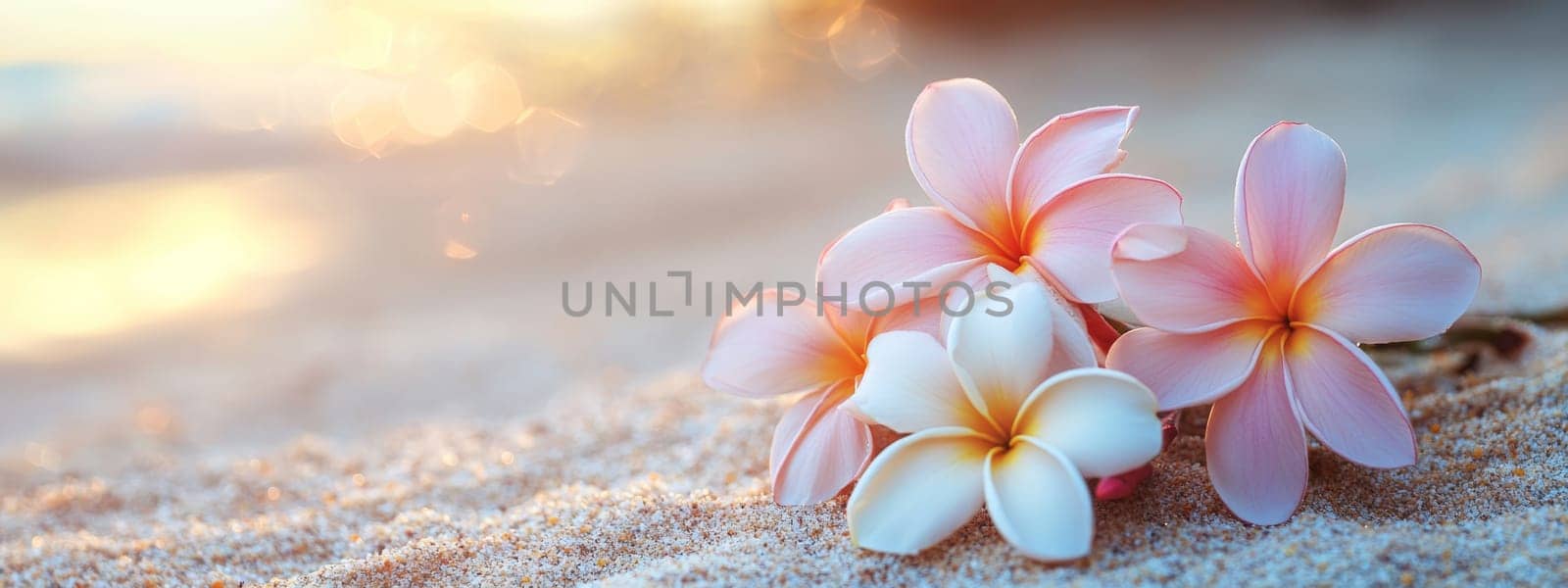 Plumeria flowers on the beach on the sand. selective focus. Generative AI, nature