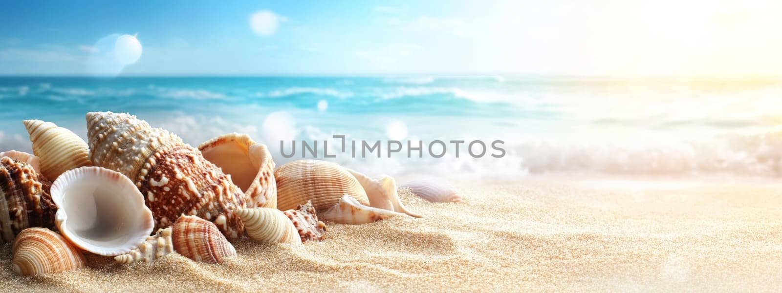 sandy beach, shells and starfish, Generative AI holidays
