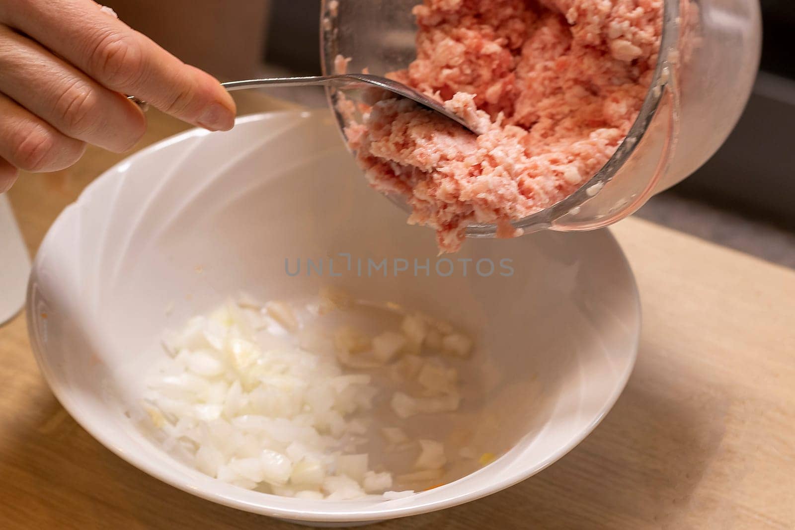 Just ground meat mince in the glass bawl of the electrical chopper on the kitchen counter top being seasoned and mixed